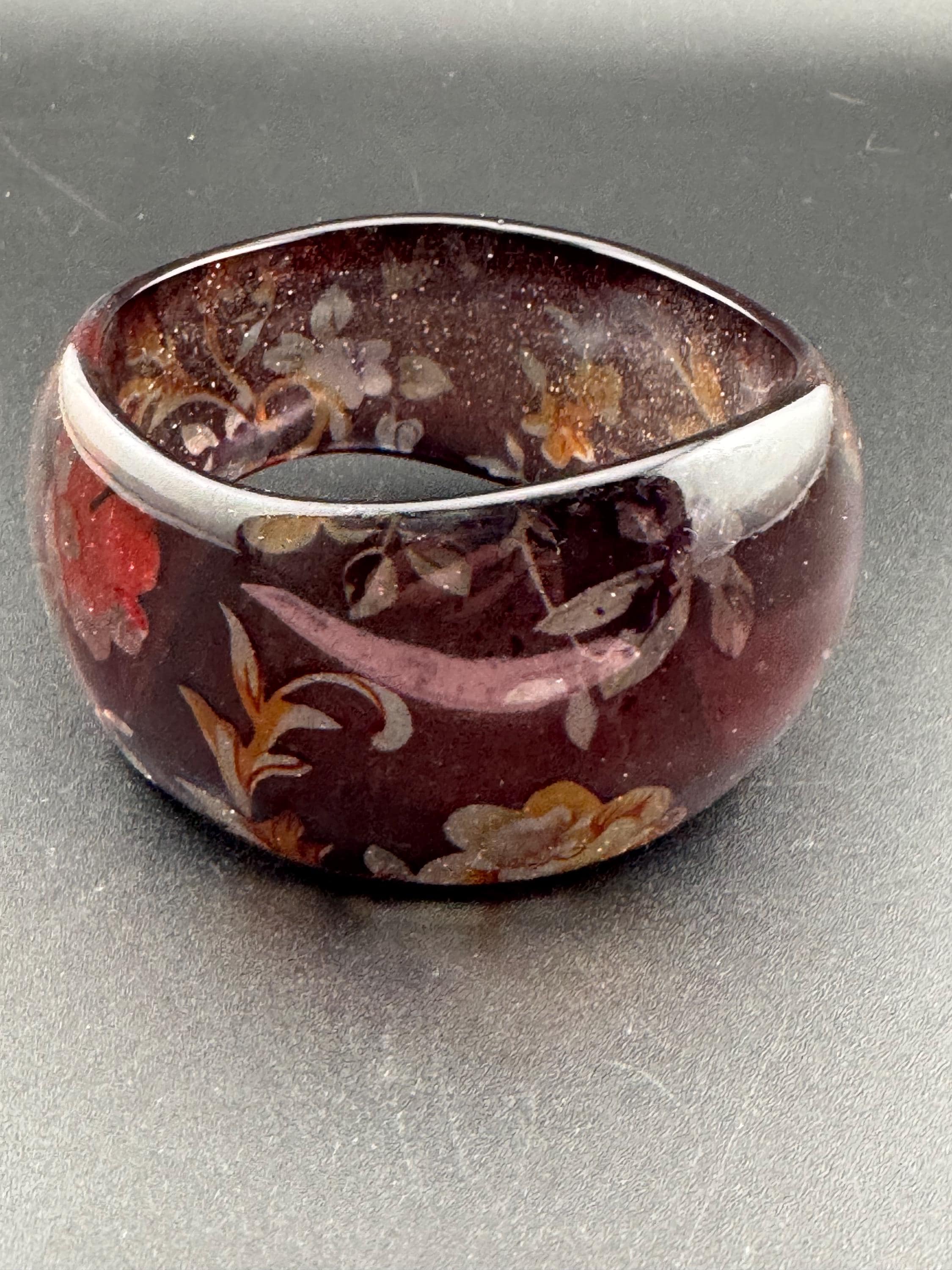Oversized dark brown purple glittery floral cuff bangle bracelet stacking layering Vintage boho festival