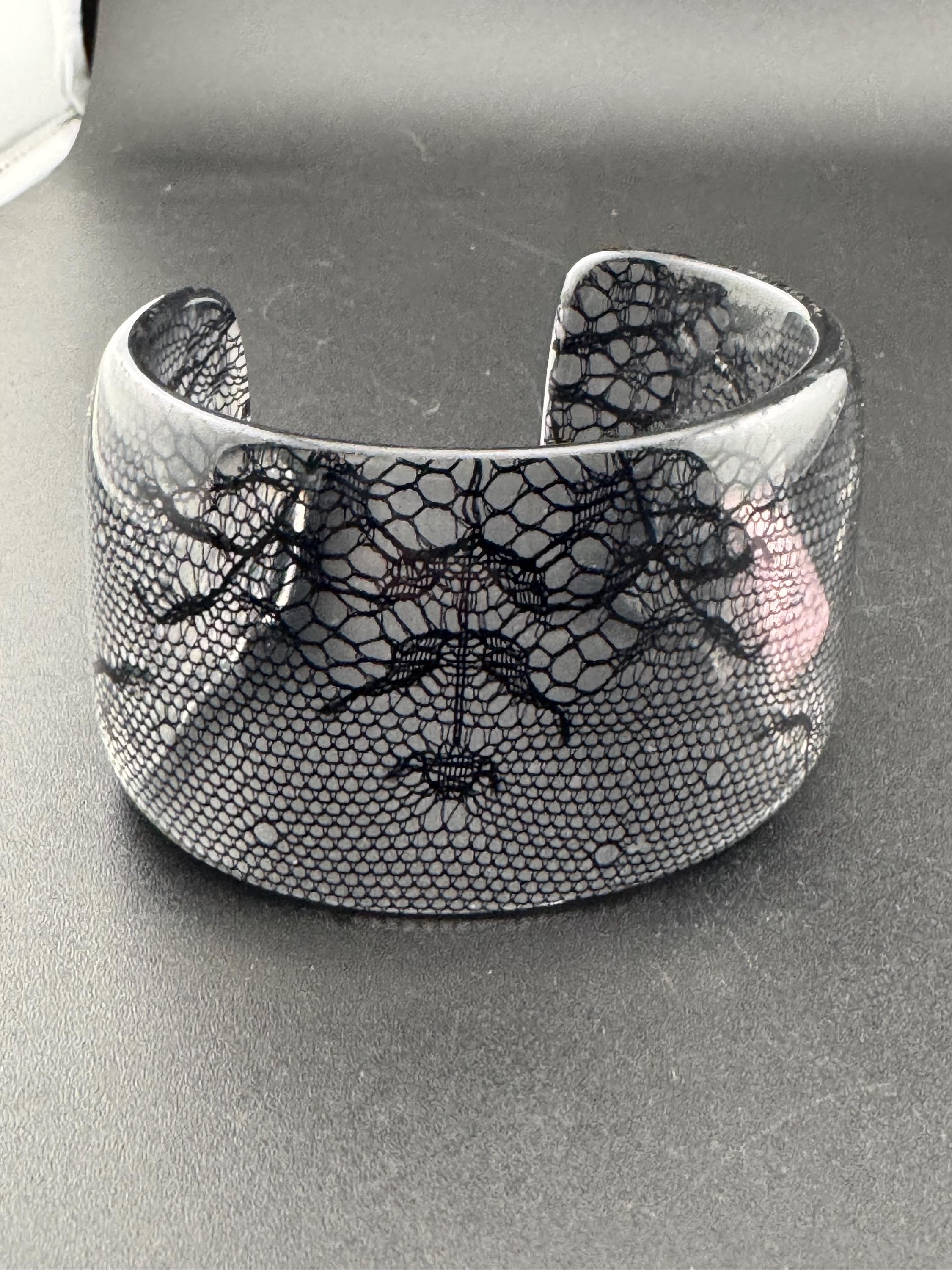 Italian designer FURLA black and clear plastic lace wide cuff bangle bracelet