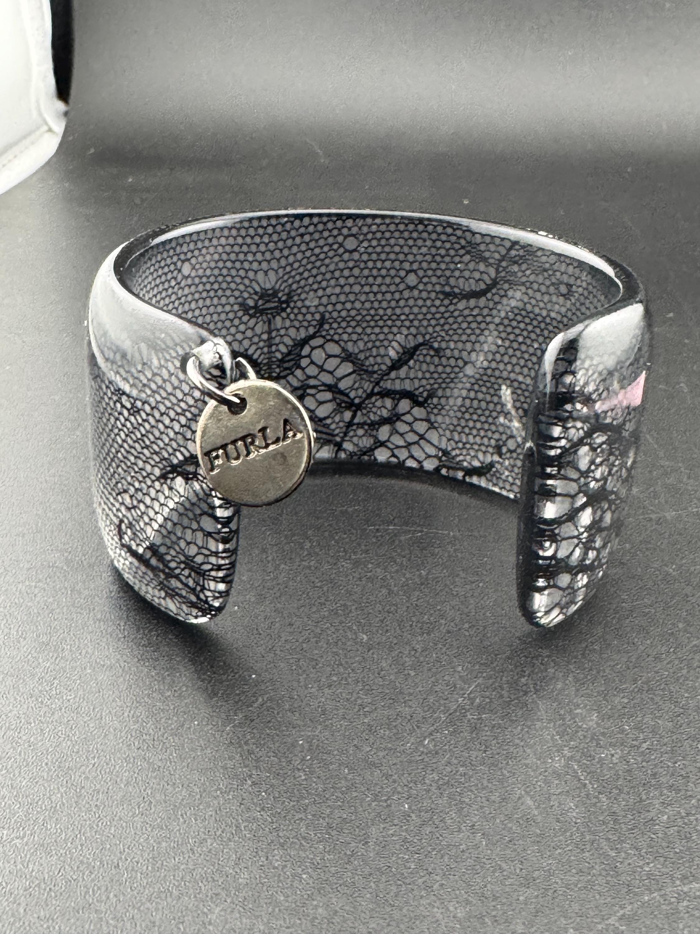 Italian designer FURLA black and clear plastic lace wide cuff bangle bracelet