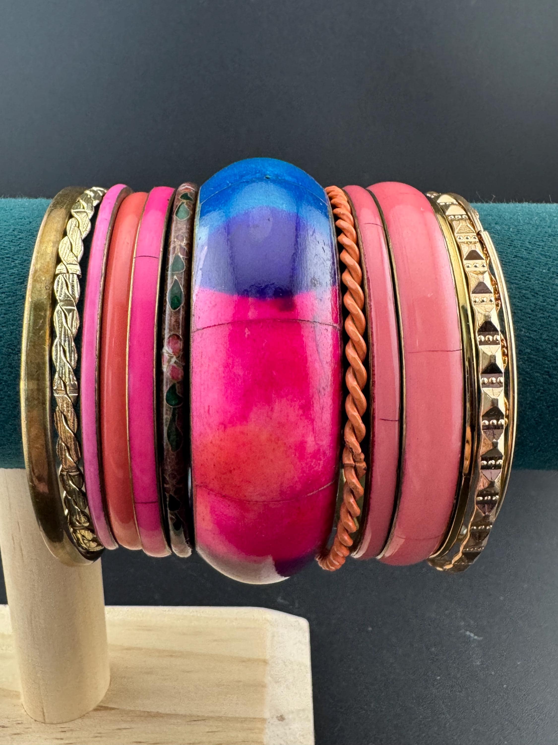 Vintage Retro Bangle Stack: Pink, Purple, Blue & Gold Tones (65mm)