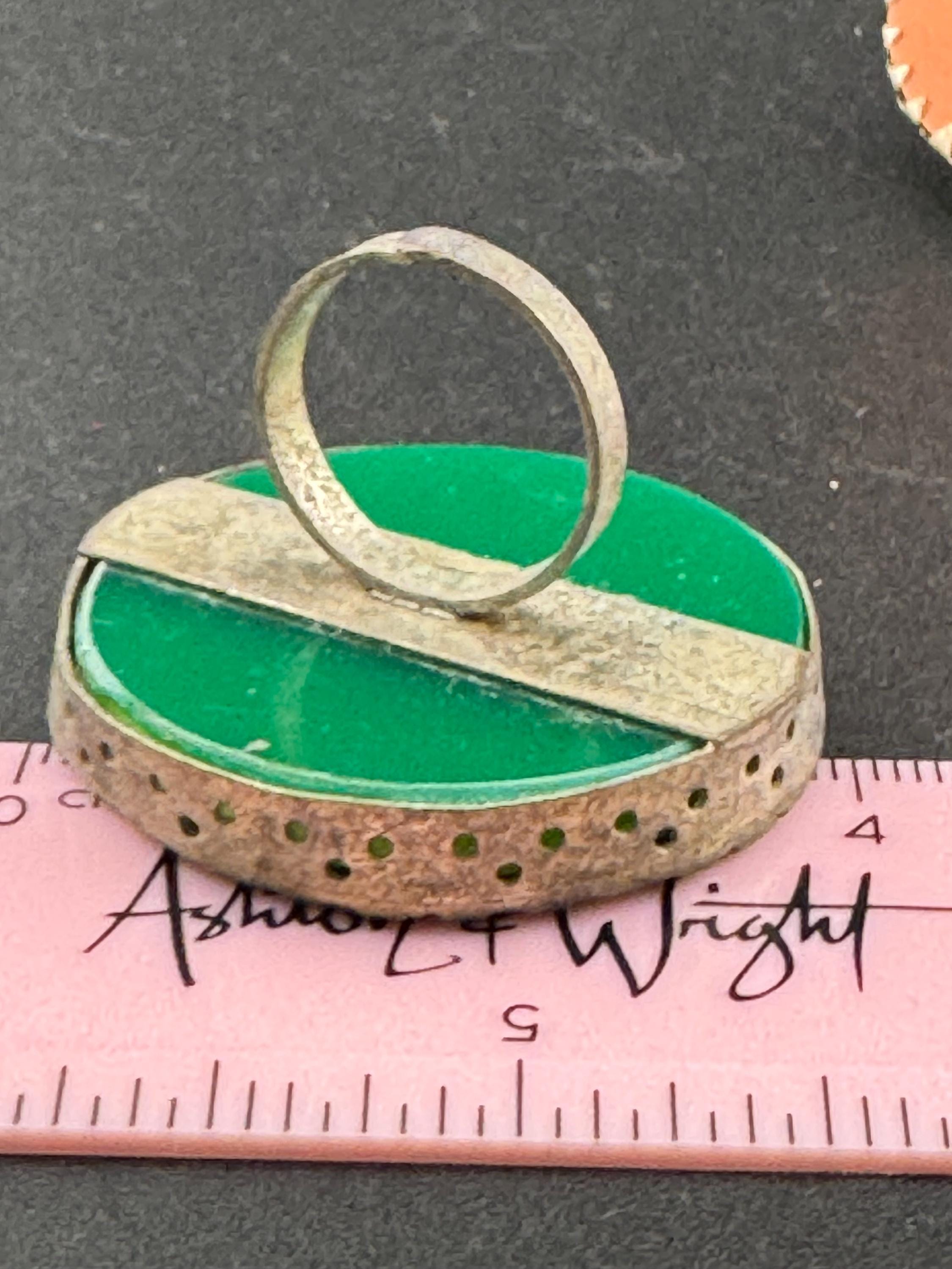 Green Plastic Disc Ring: Artisan Silver Tone Adjustable Statement Ring
