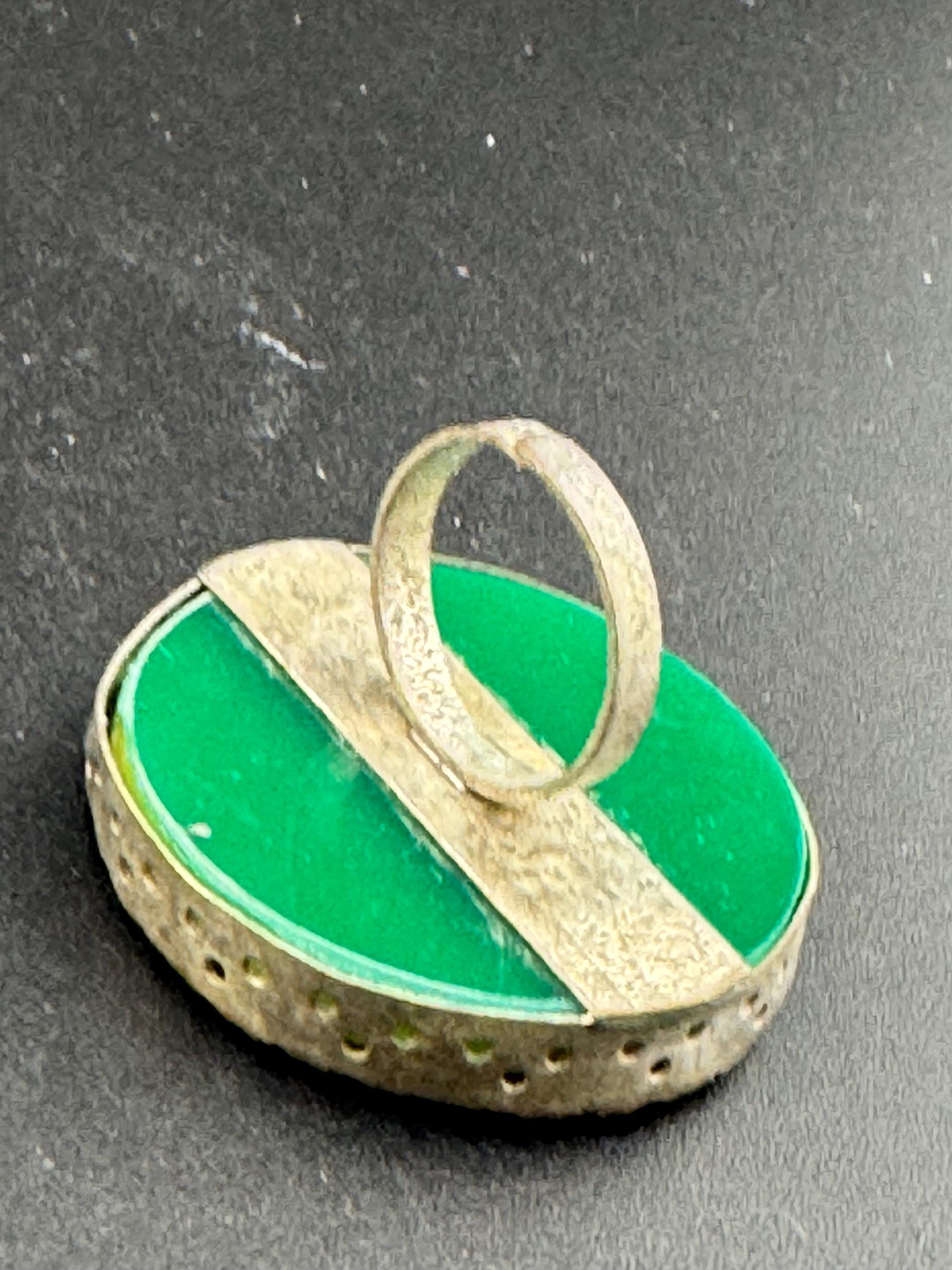Green Plastic Disc Ring: Artisan Silver Tone Adjustable Statement Ring