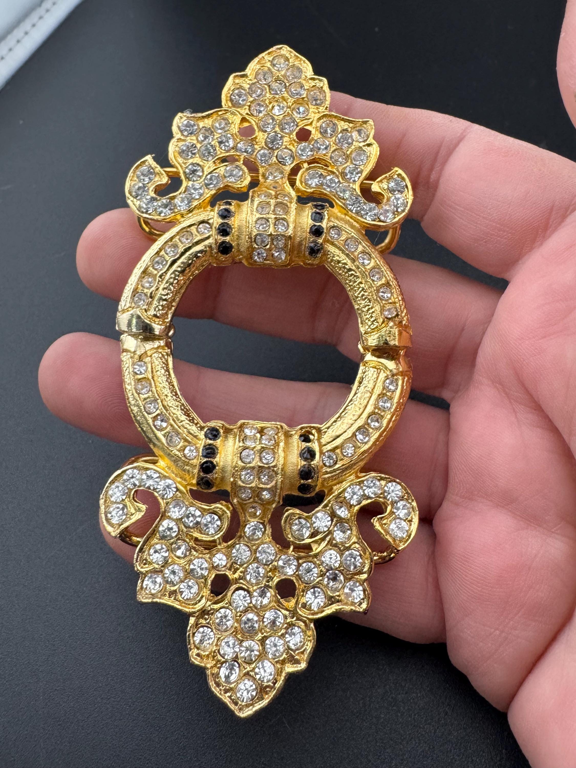 Large vintage gold tone 2 part belt buckle set with clear and black Swarovski crystal old shop stock