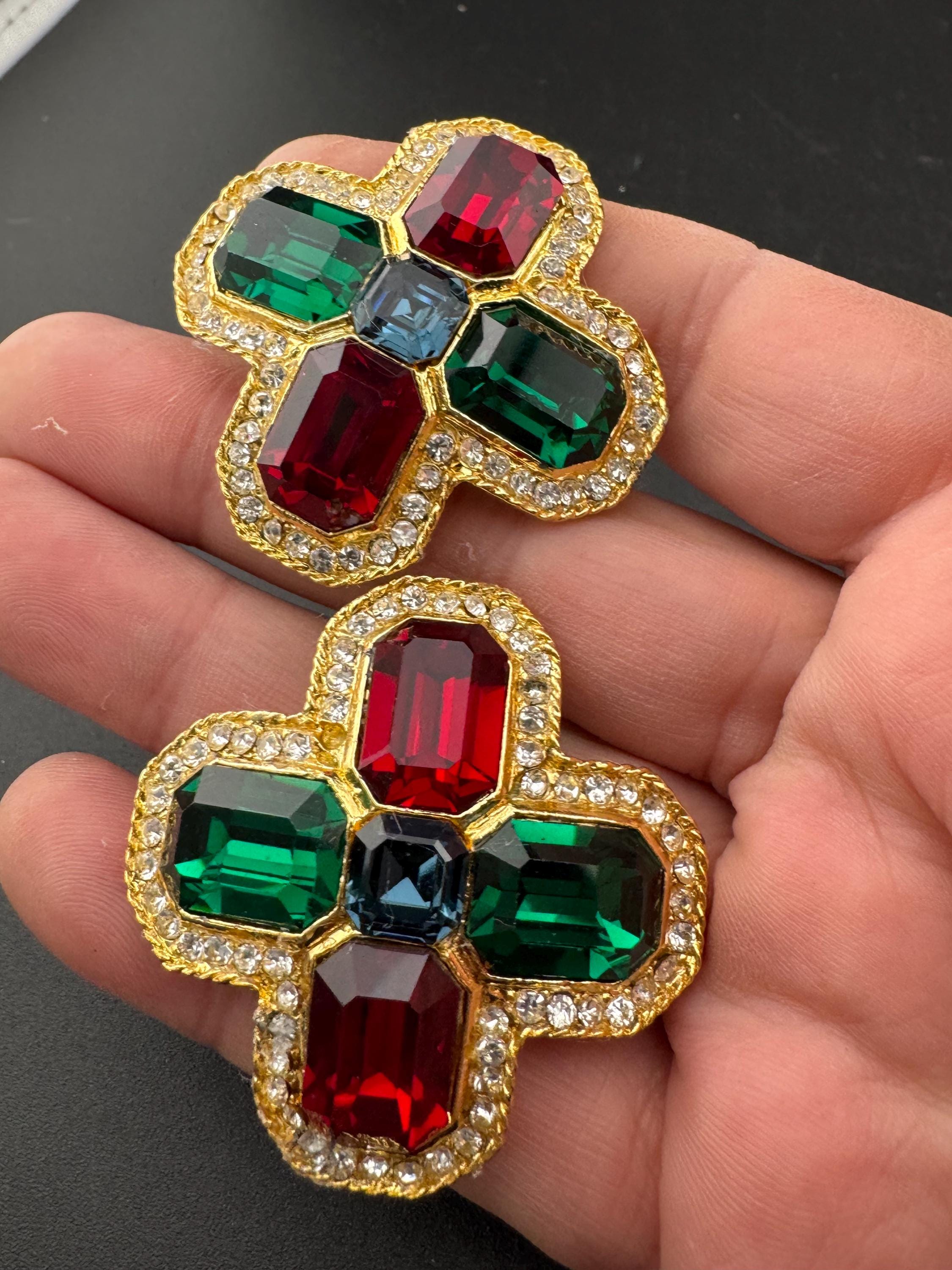 vintage oversized 4cm gold tone, ruby red,  emerald green and sapphire blue and clear Swarovski crystal cross earrings 1980s