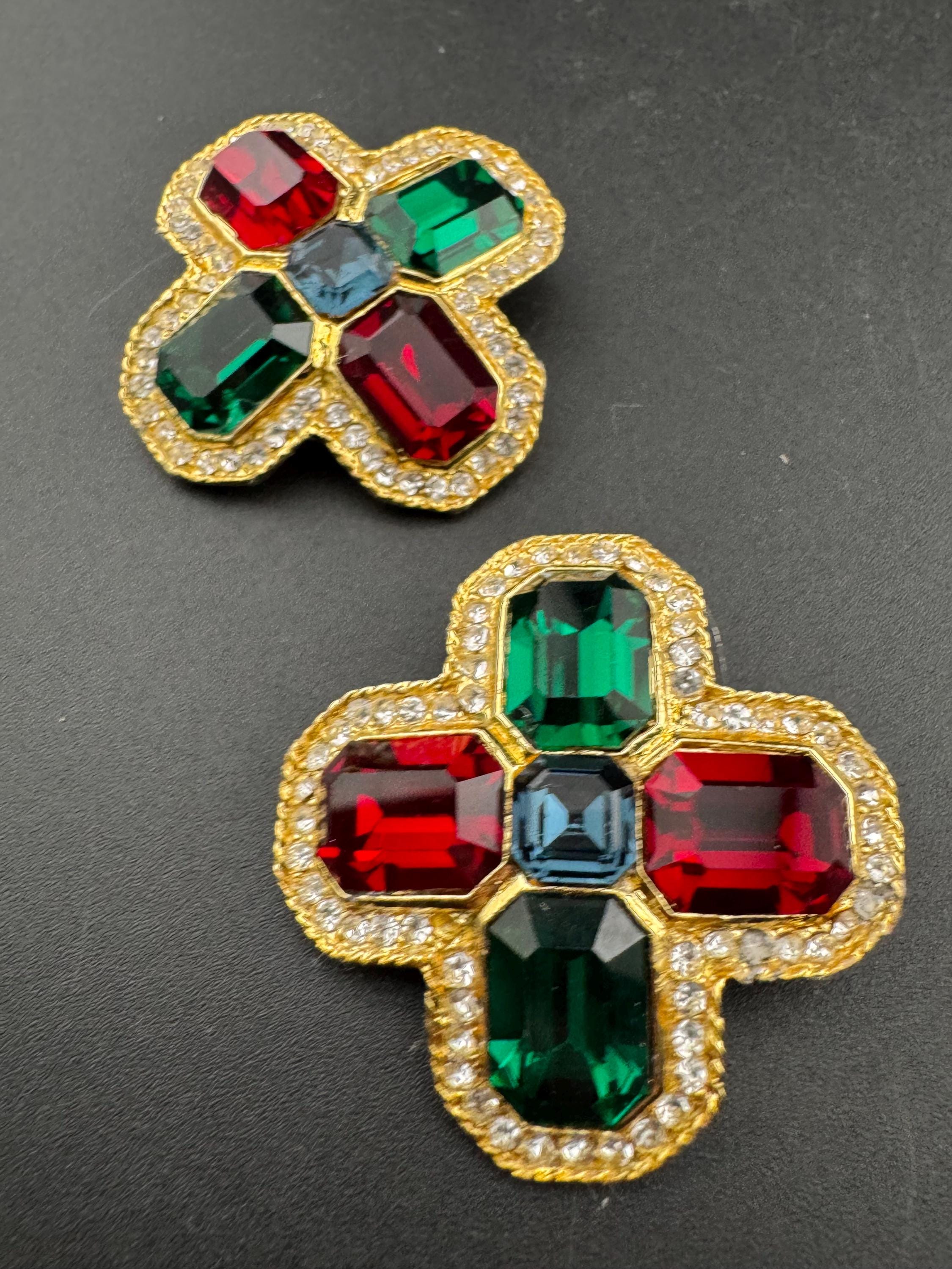 vintage oversized 4cm gold tone, ruby red,  emerald green and sapphire blue and clear Swarovski crystal cross earrings 1980s