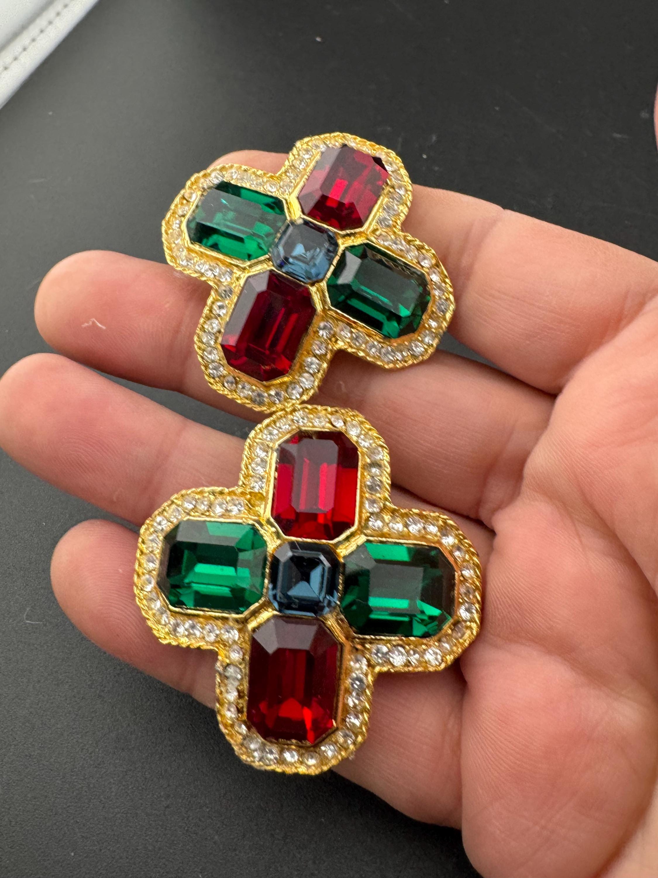 vintage oversized 4cm gold tone, ruby red,  emerald green and sapphire blue and clear Swarovski crystal cross earrings 1980s