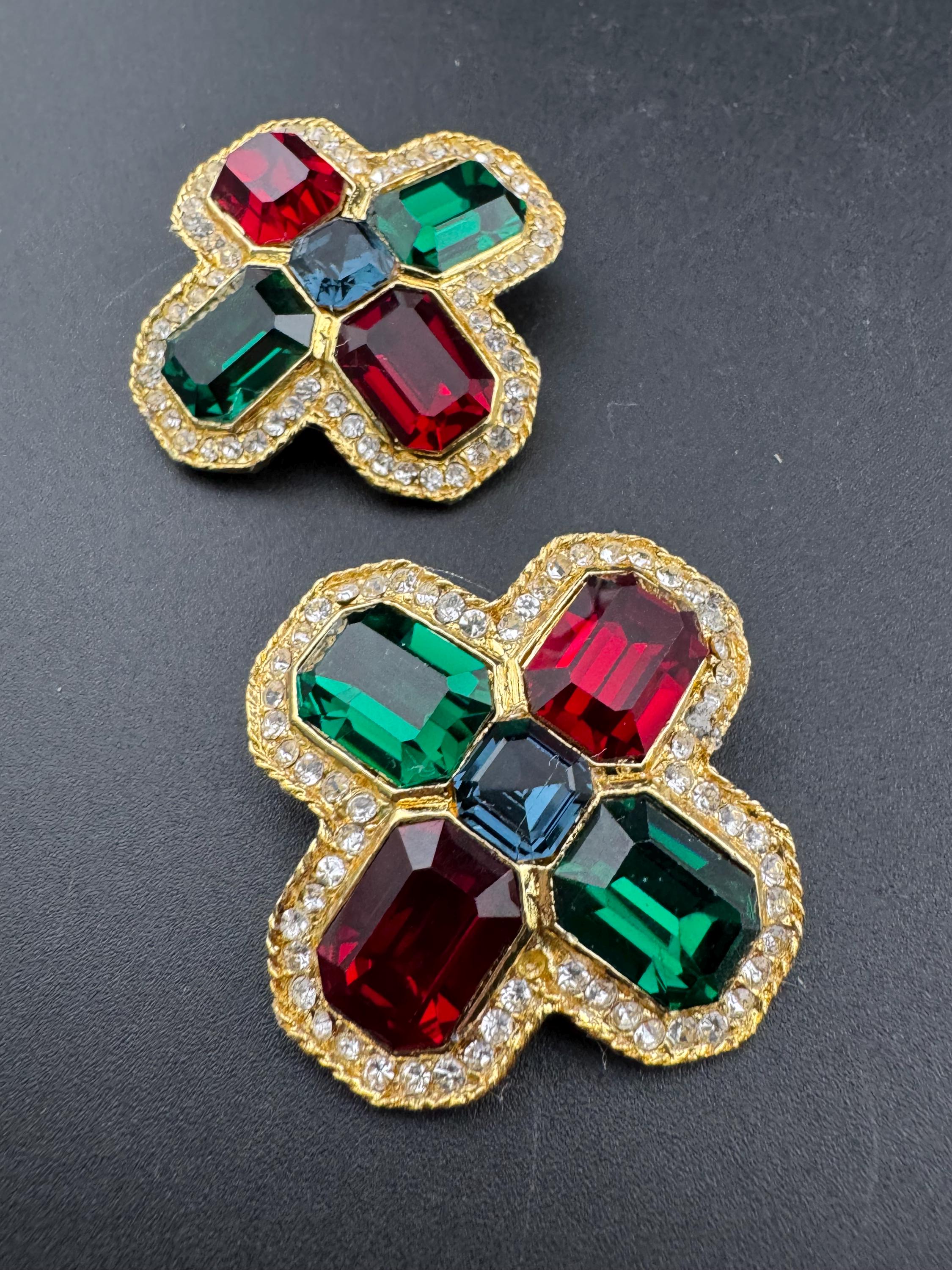 vintage oversized 4cm gold tone, ruby red,  emerald green and sapphire blue and clear Swarovski crystal cross earrings 1980s