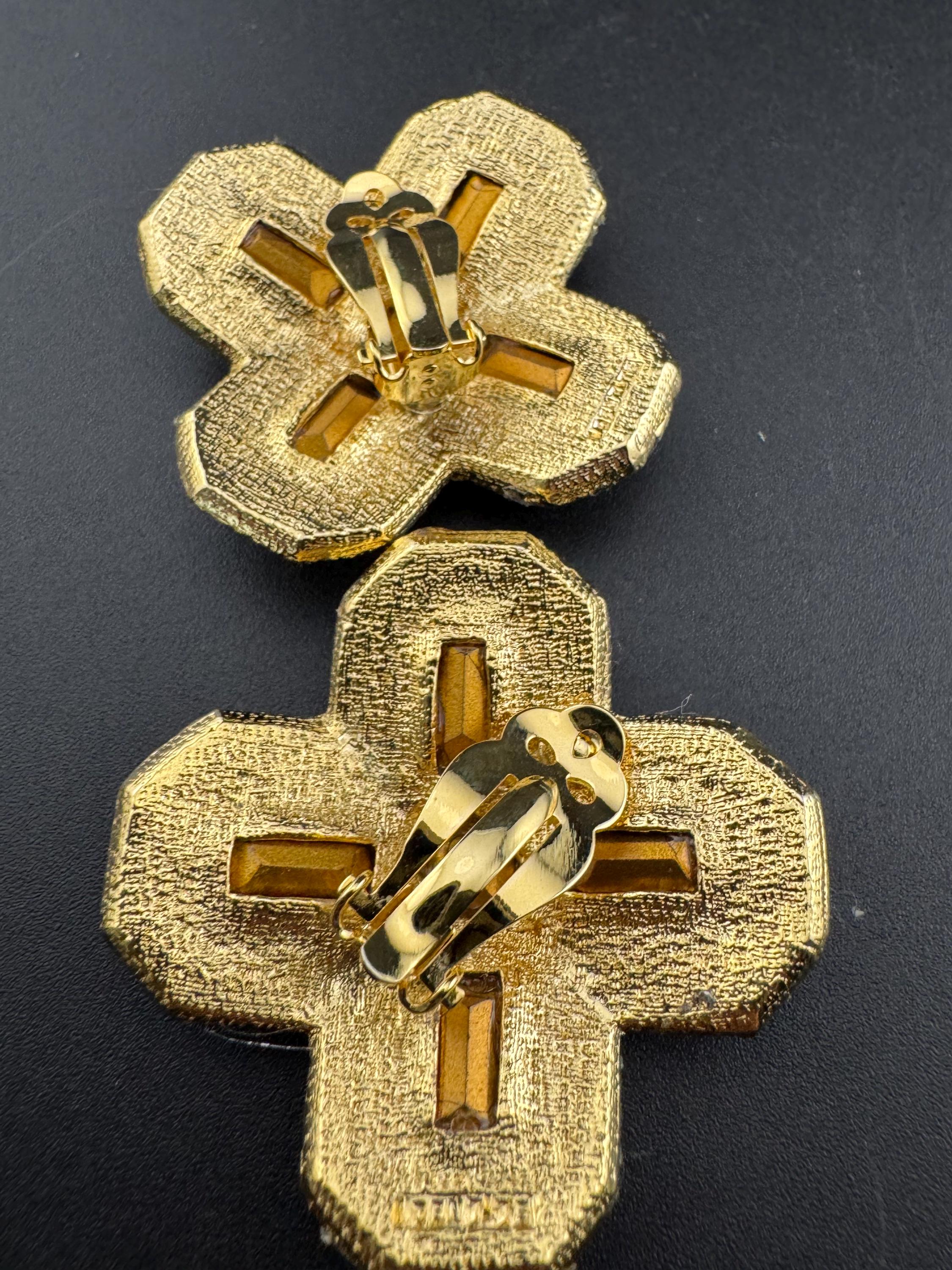 vintage oversized 4cm gold tone, ruby red,  emerald green and sapphire blue and clear Swarovski crystal cross earrings 1980s