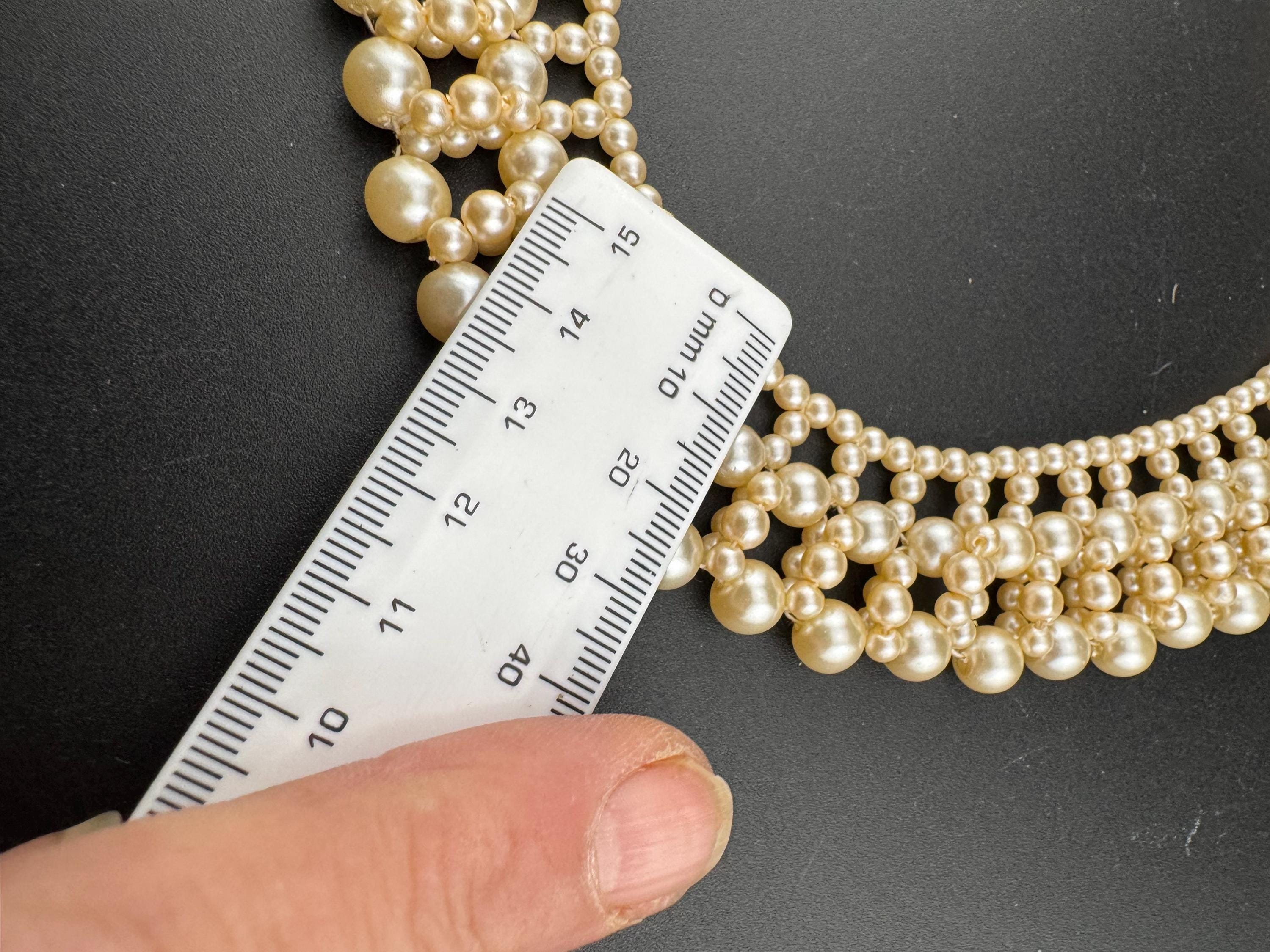 Art Deco Vintage Cream Faux Pearl woven beaded collar necklace choker  1960s 1970s
