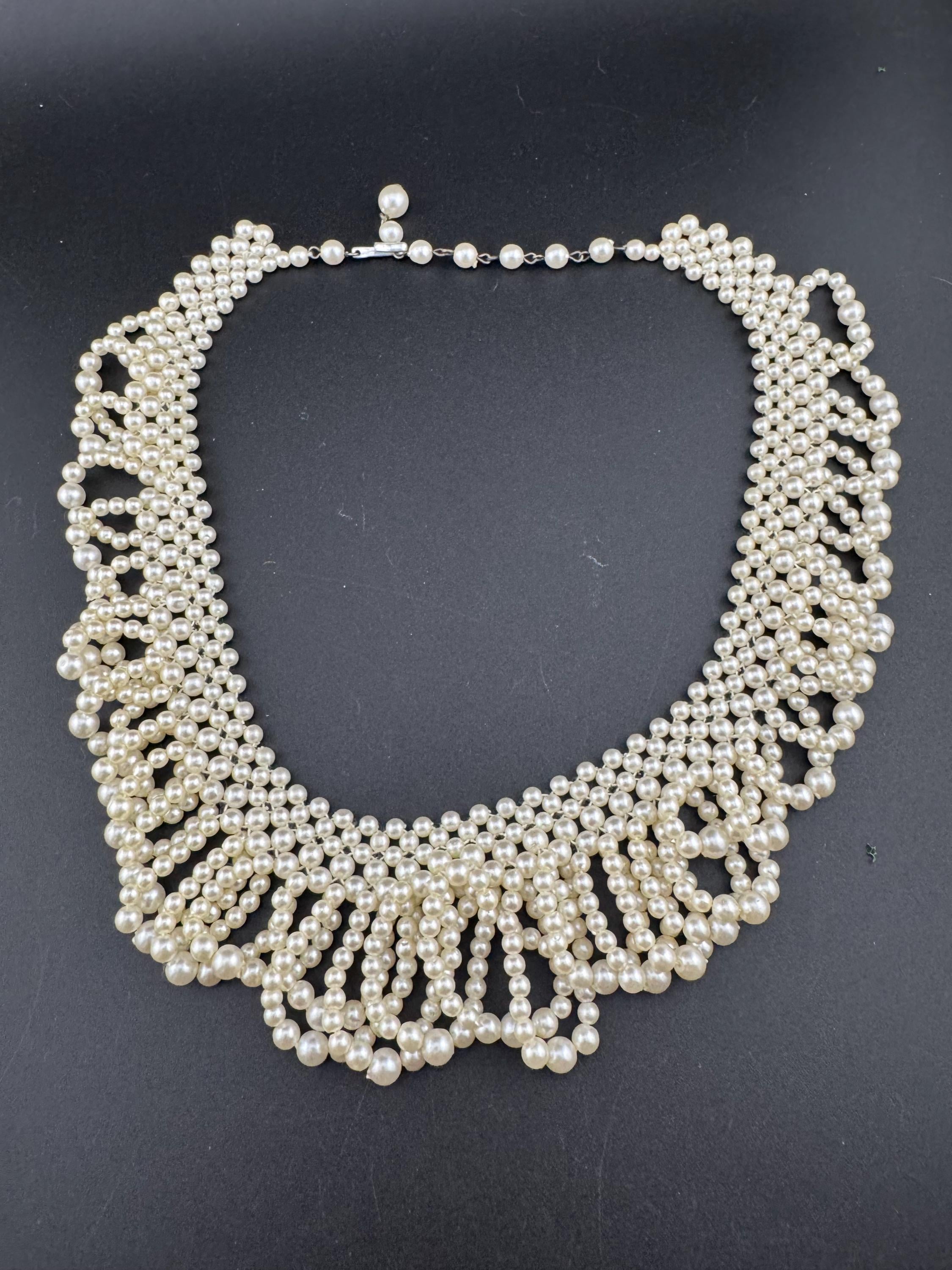 Art Deco Vintage Cream Faux Pearl woven beaded collar necklace choker 1960s 1970s