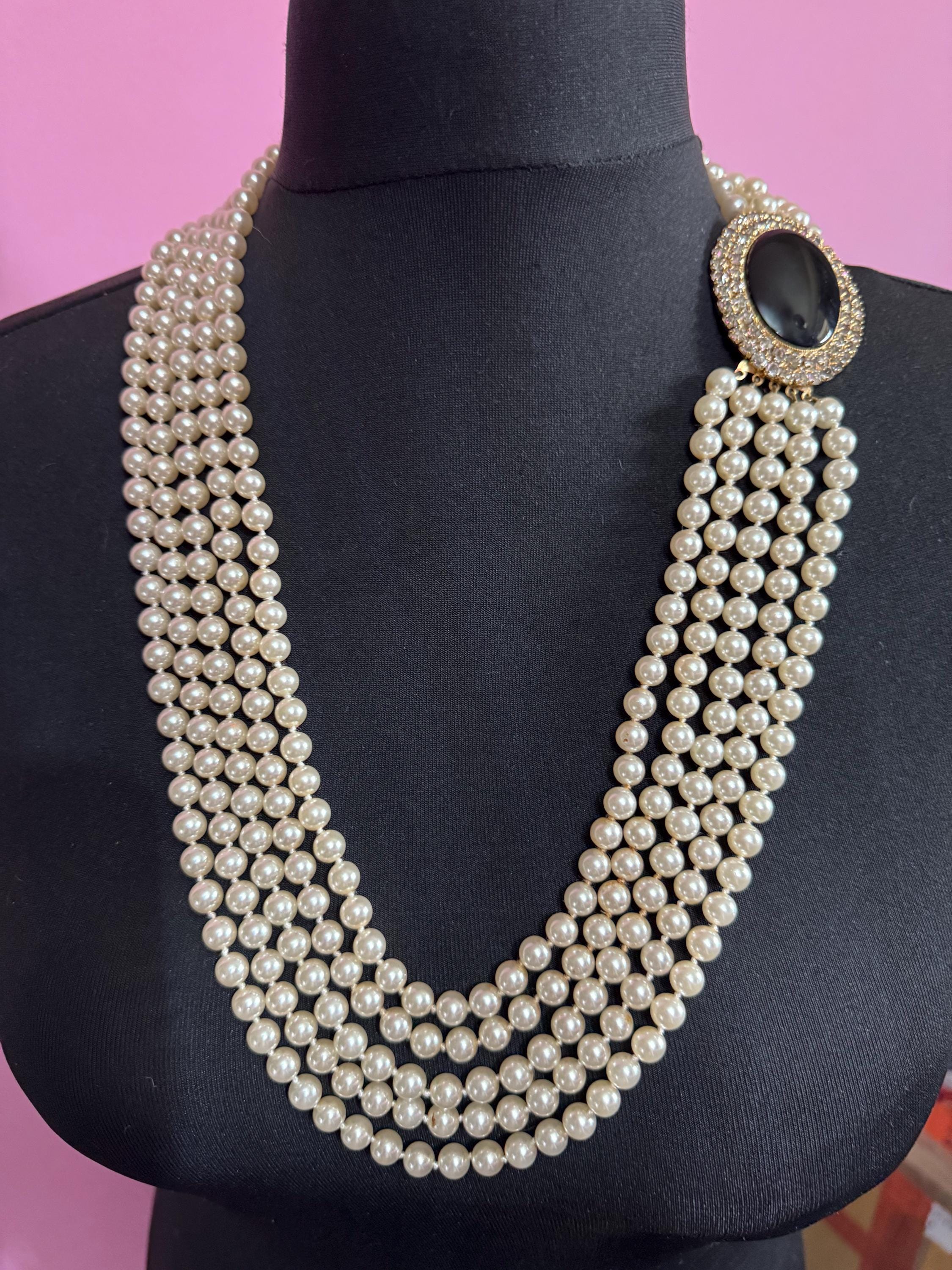 Vintage 80s retro 5 strand row faux glass pearl choker necklace with huge black cabochon rhinestone clasp