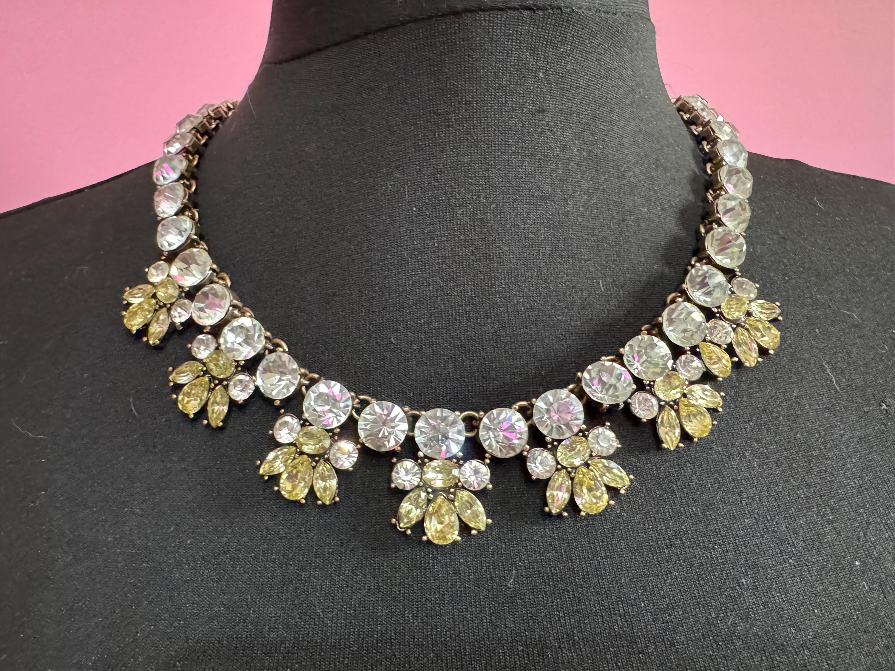 Retro chunky clear and taupe rhinestone chunky choker necklace Statement runway chain 1990s 2000s, dark antique gold tone