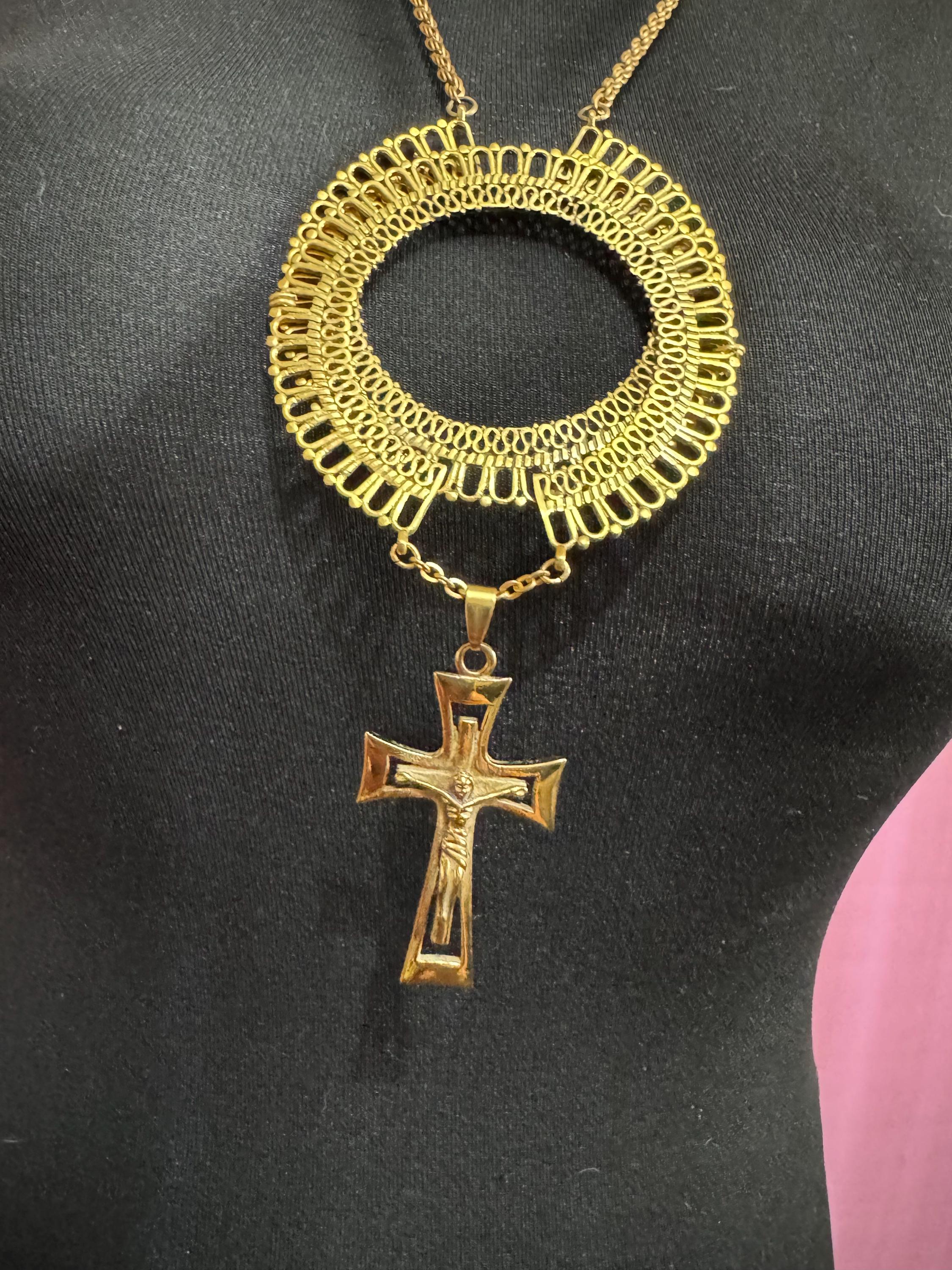 Oversized statement Retro gold tone religious cross  pendant on a 66cm rope chain