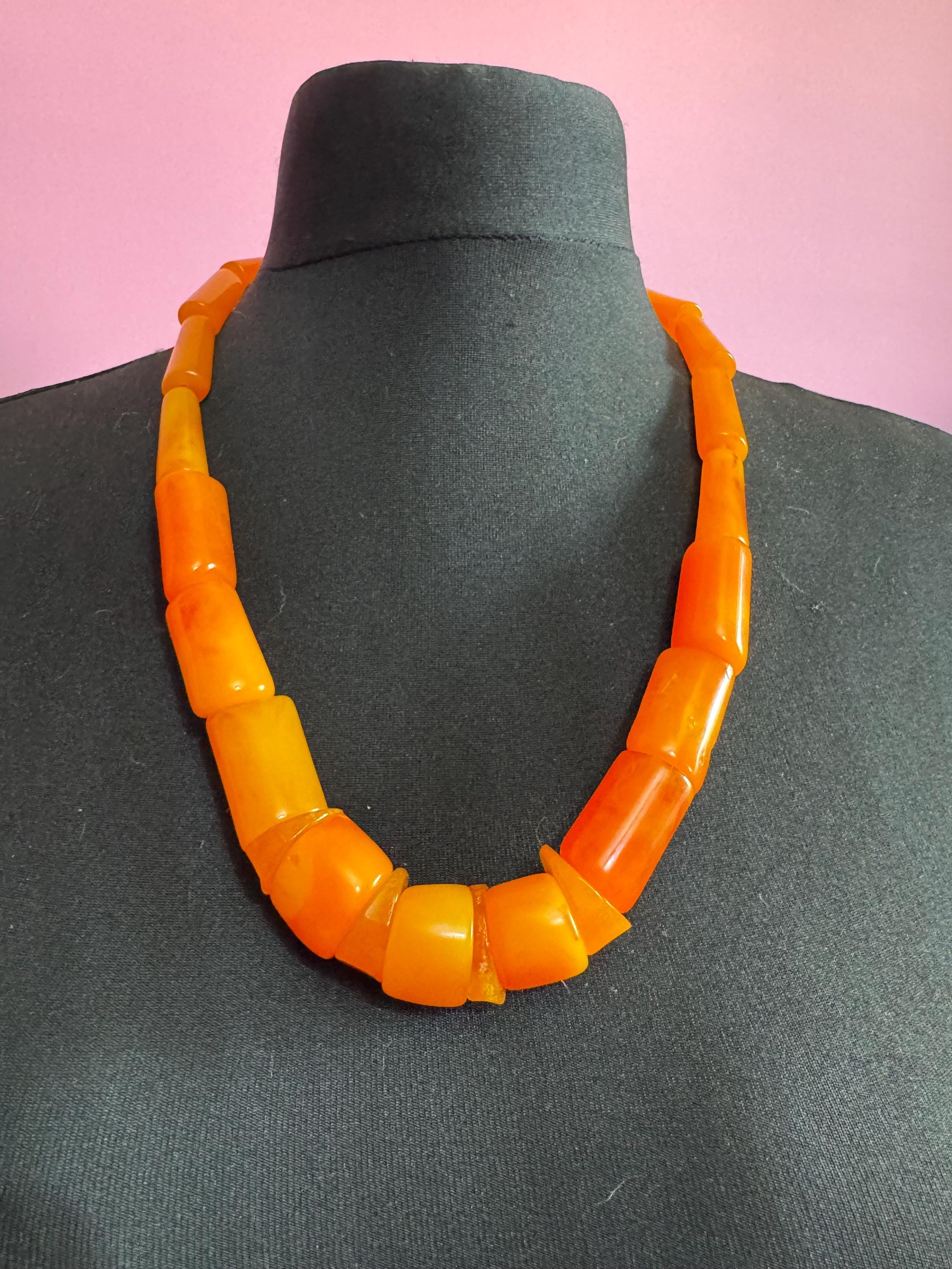 Vintage bright orange plastic beaded long necklace 65cm