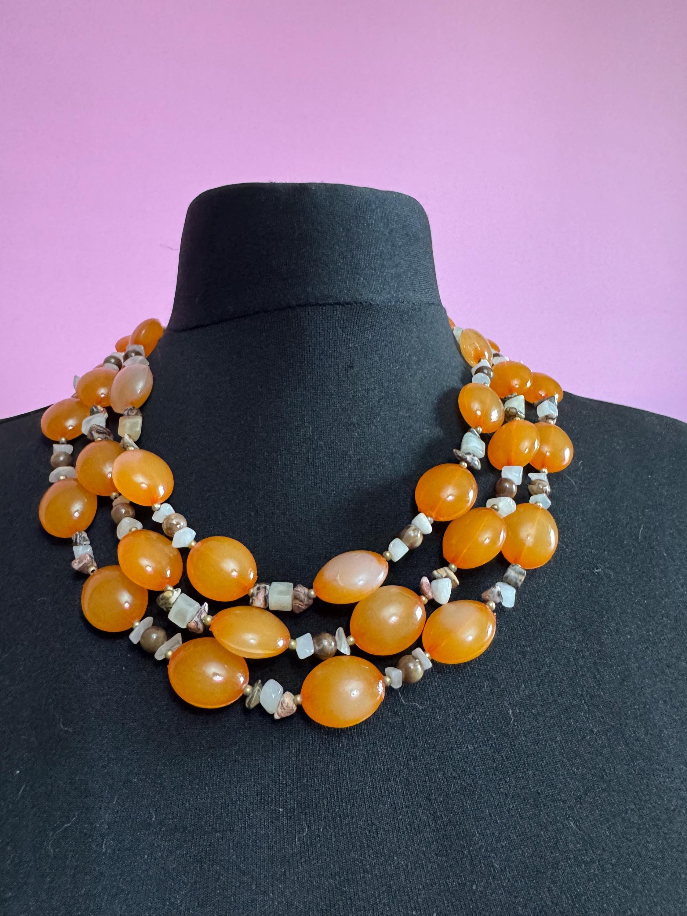 Vintage orange natural gemstone set beaded 3 row multistrand necklace