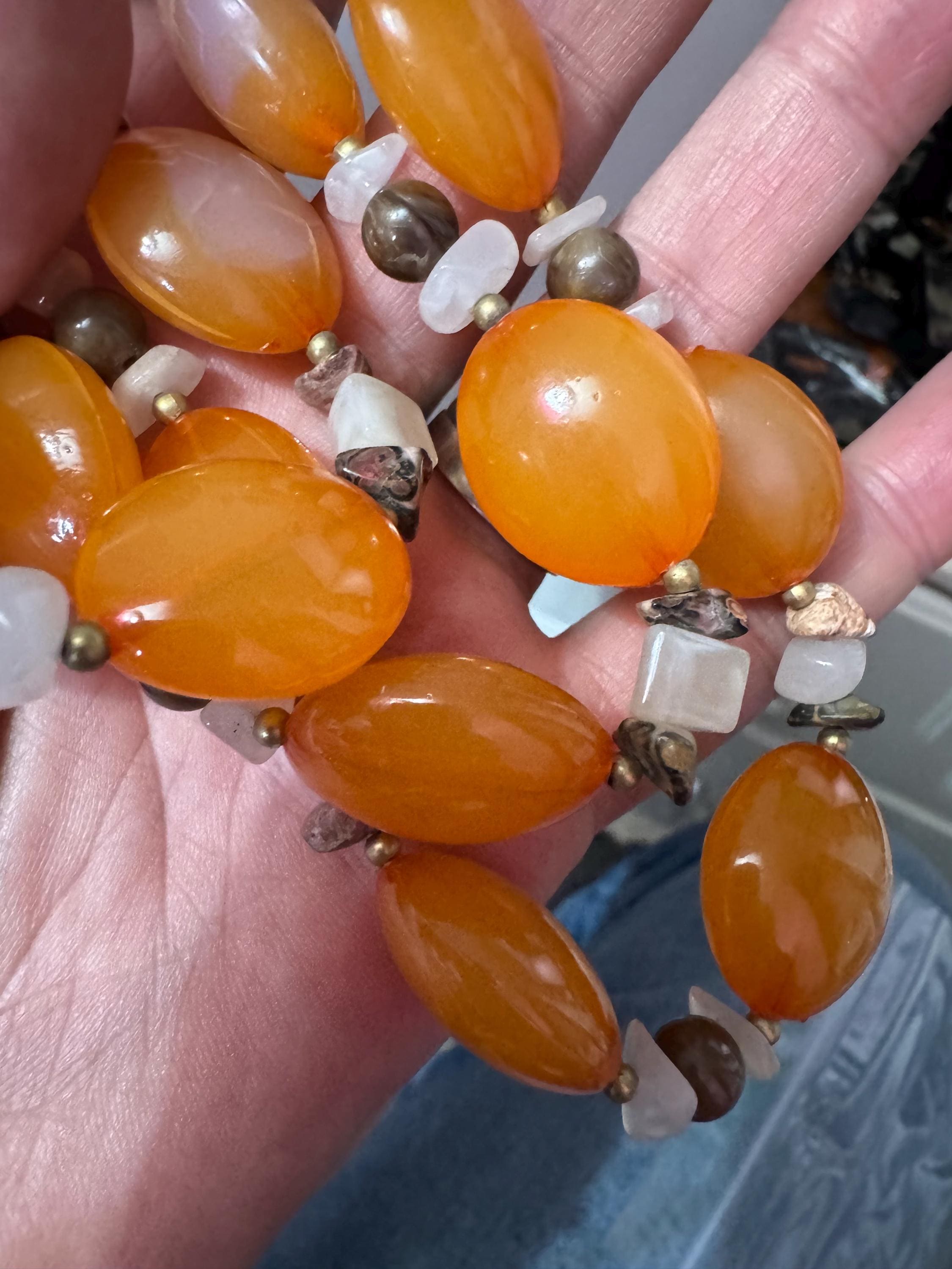Vintage orange natural gemstone set beaded 3 row multistrand necklace