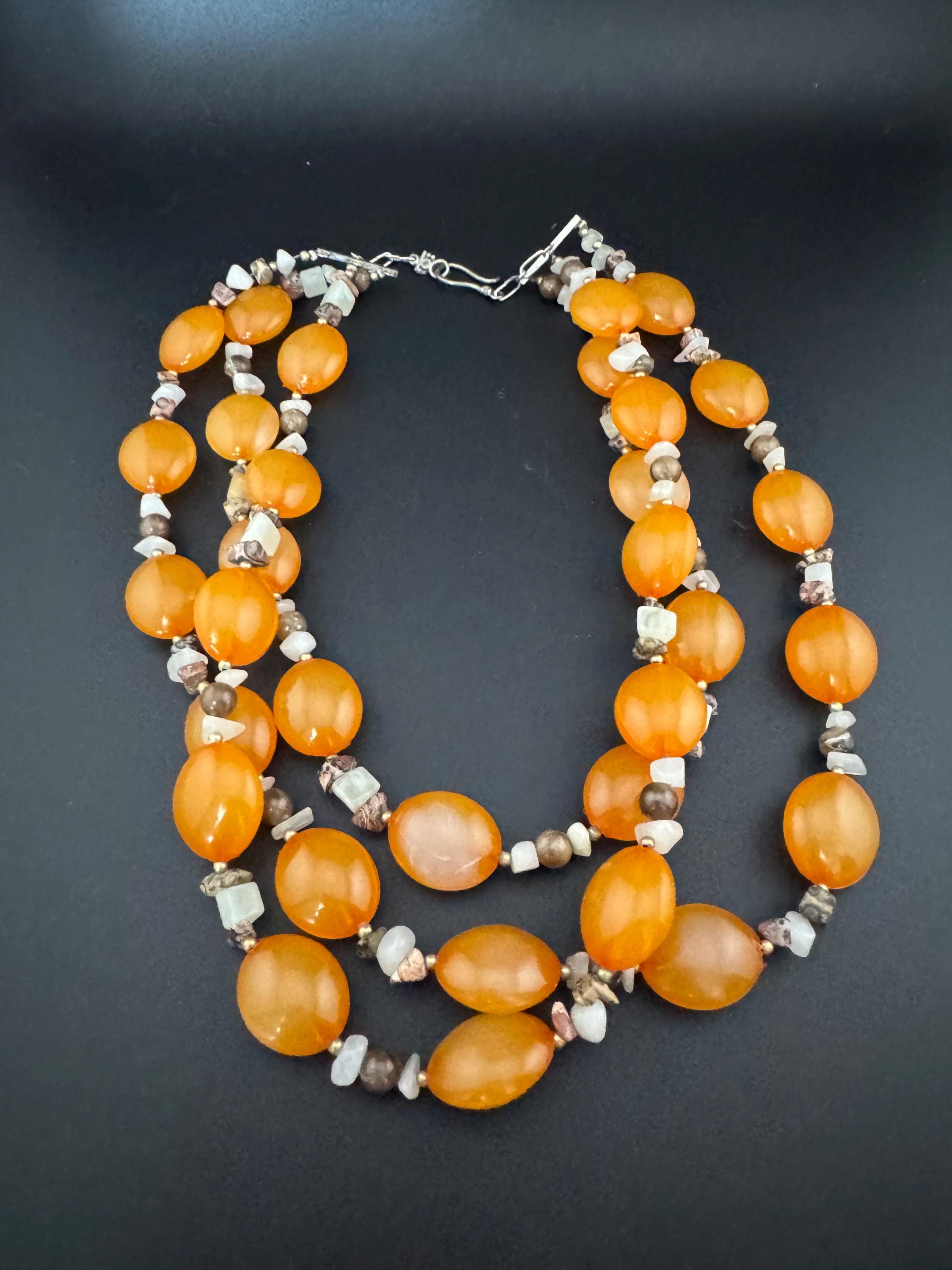 Vintage orange natural gemstone set beaded 3 row multistrand necklace