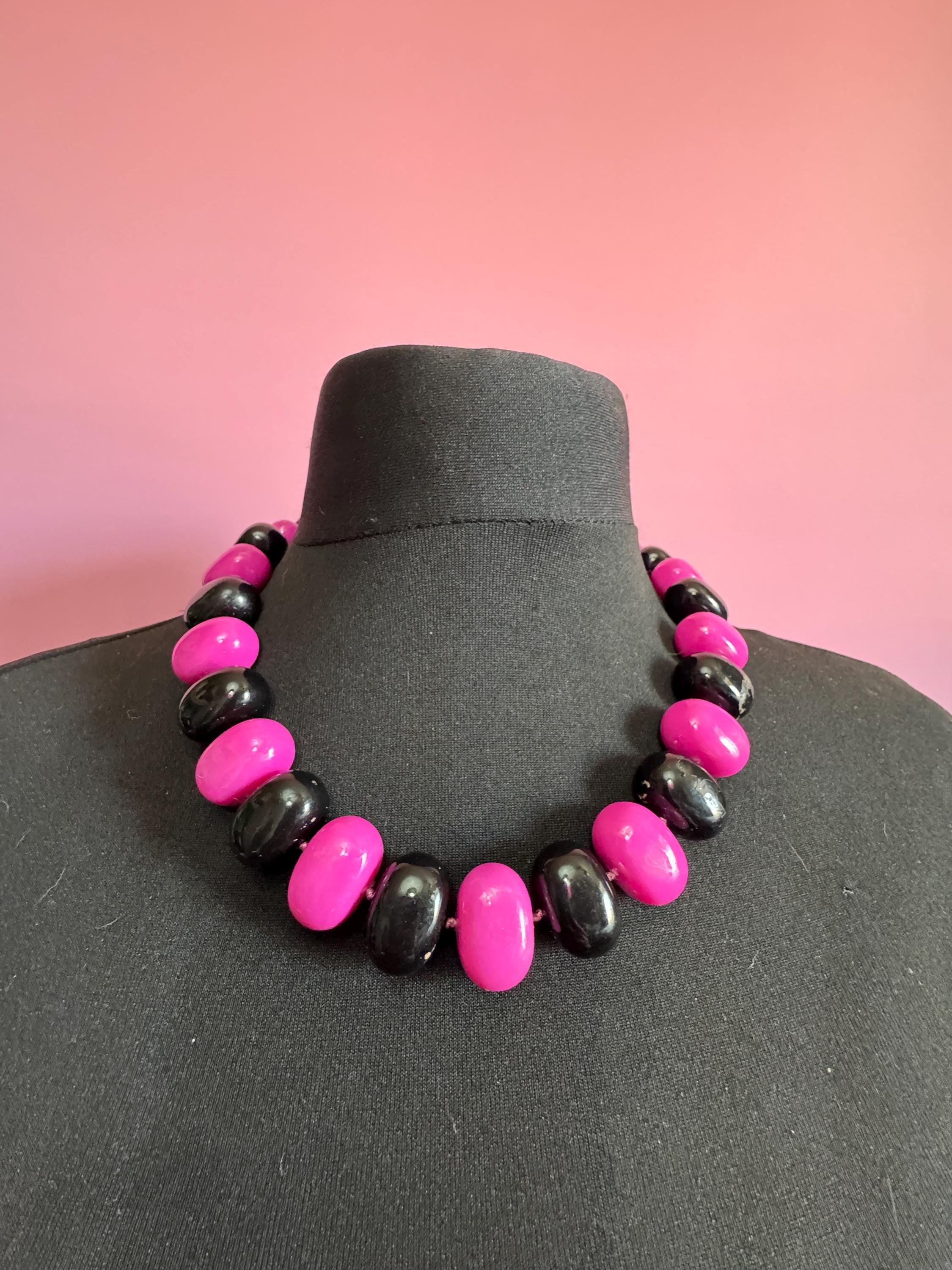 Vintage early plastic black and bright pink purple beaded necklace mid length necklace 58cm