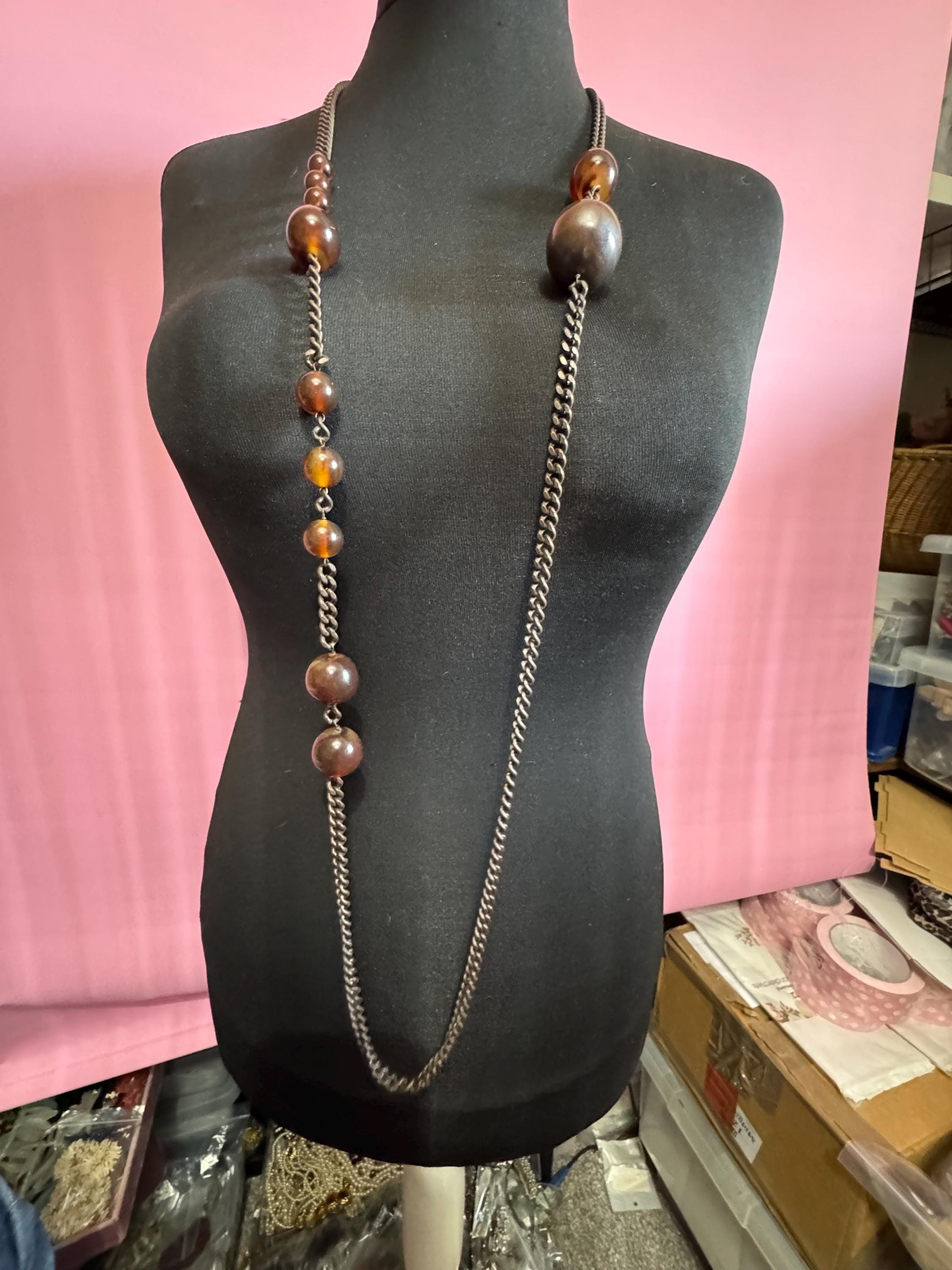 Vintage chunky modernist statement faux tortoiseshell , metal ball and brown beaded black chain very long necklace with plastic barrel clasp