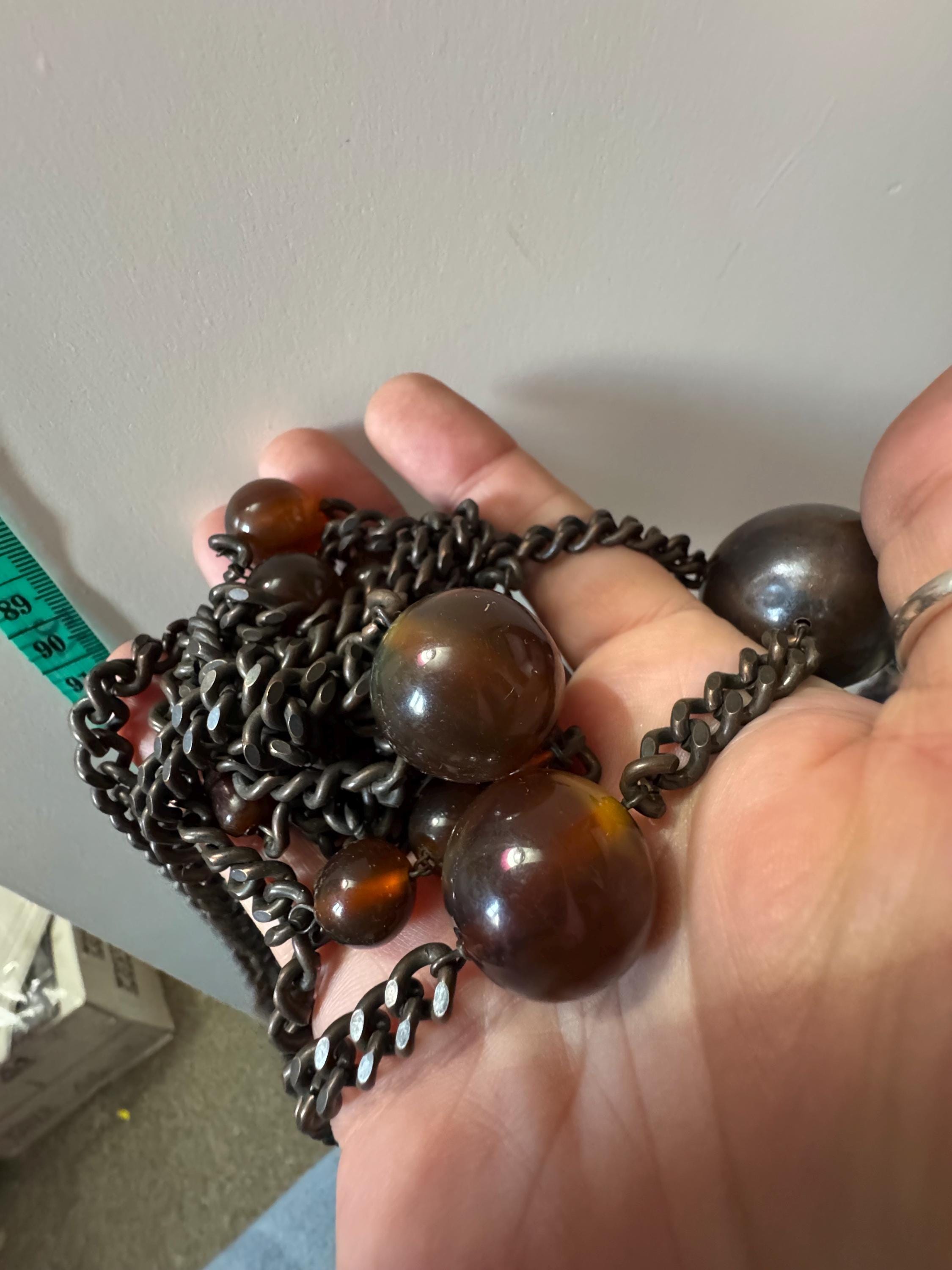 Vintage chunky modernist statement faux tortoiseshell , metal ball and brown beaded black chain very long necklace with plastic barrel clasp