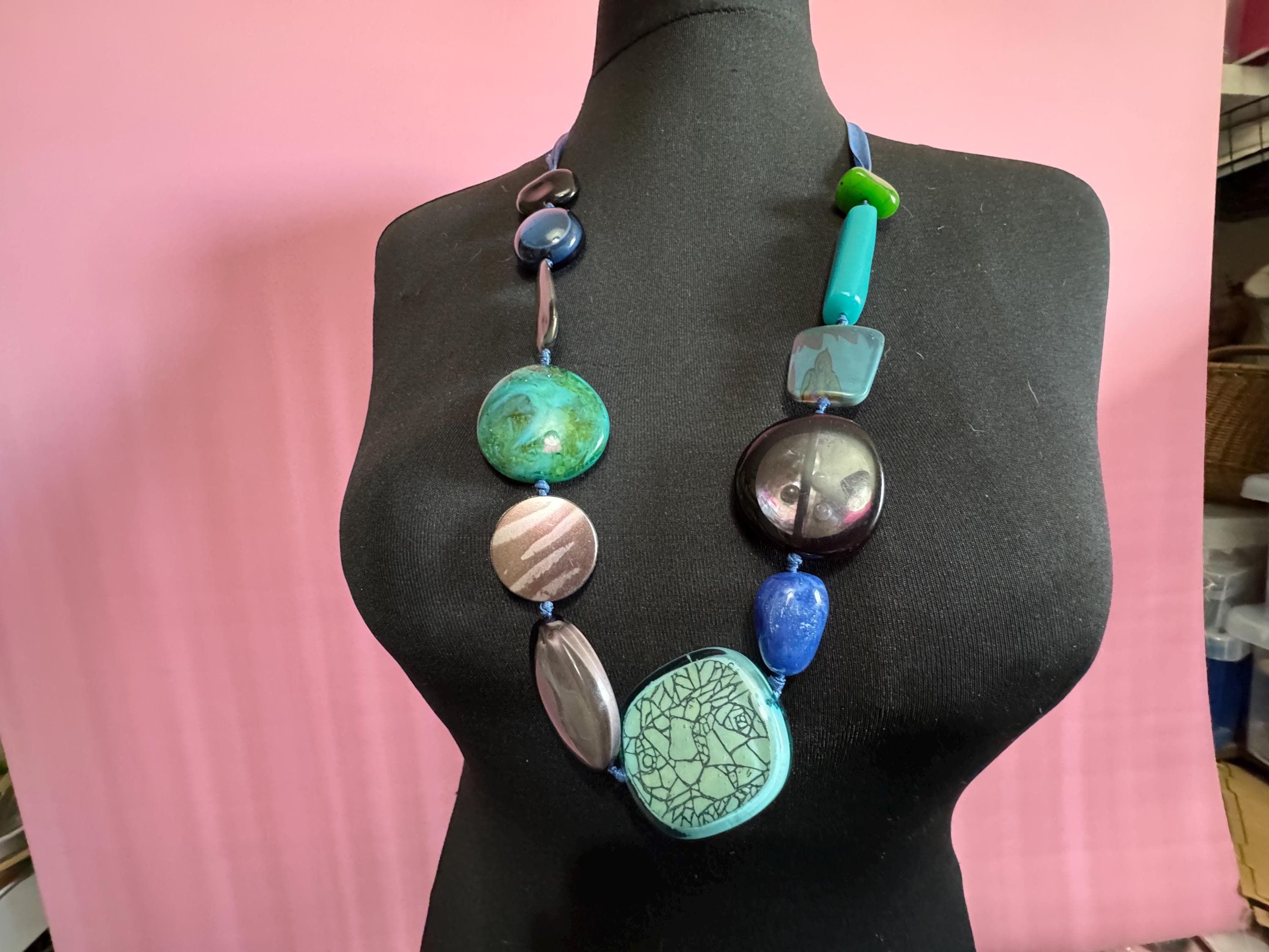 Retro long artisan art glass panel link abstract beaded station necklace 2000s on a blue ribbon, summer style