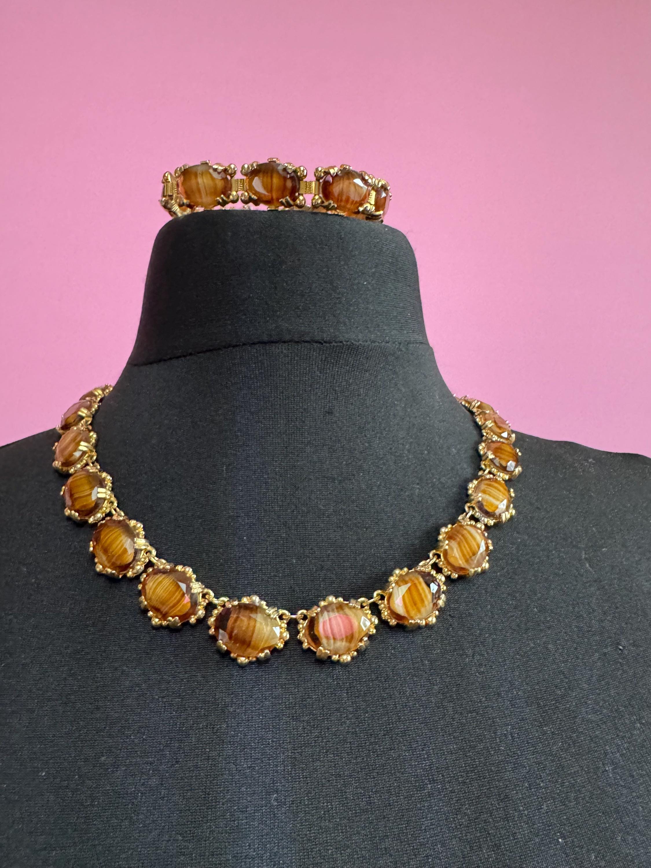Vintage brown marbled glass cabochon necklace and matching bracelet set mid century