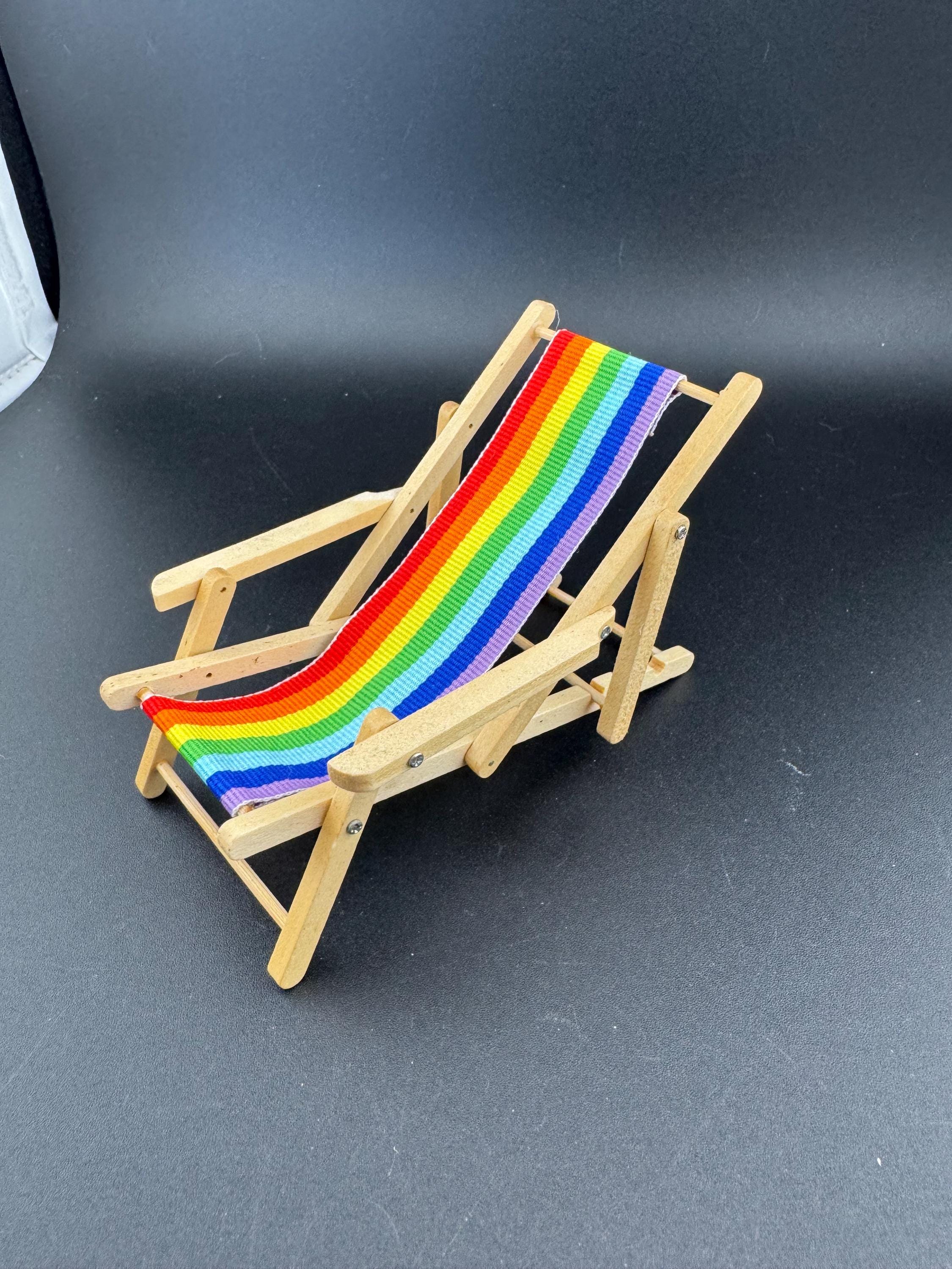 Deck chair cake topper miniature wooden rainbow striped multicoloured folding seaside cake decoration, nautical mini dollhouse scenery