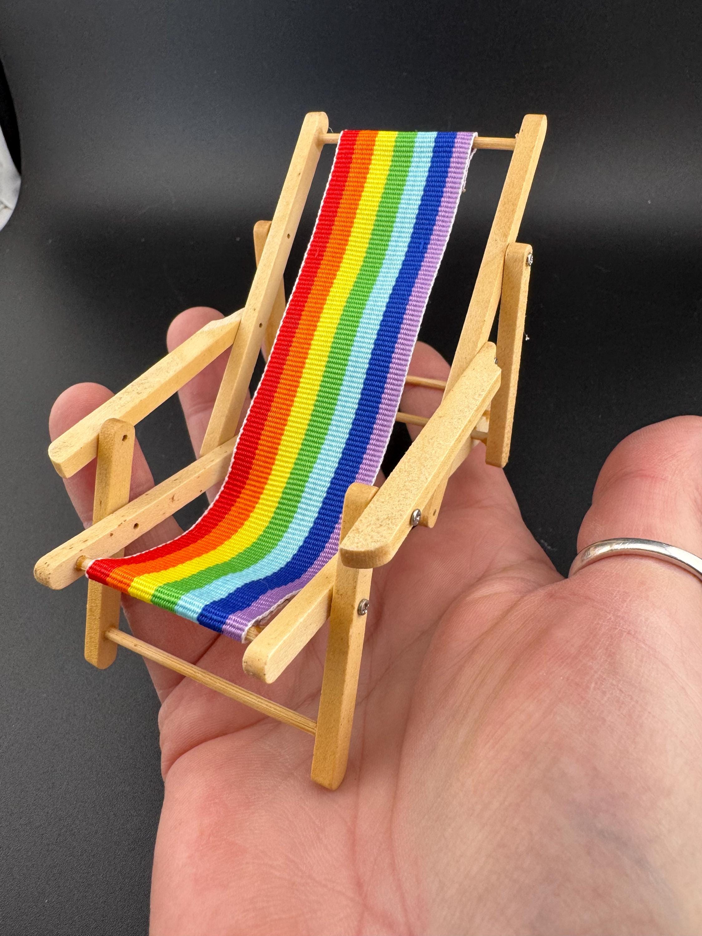 Deck chair cake topper miniature wooden rainbow striped multicoloured folding seaside cake decoration, nautical mini dollhouse scenery