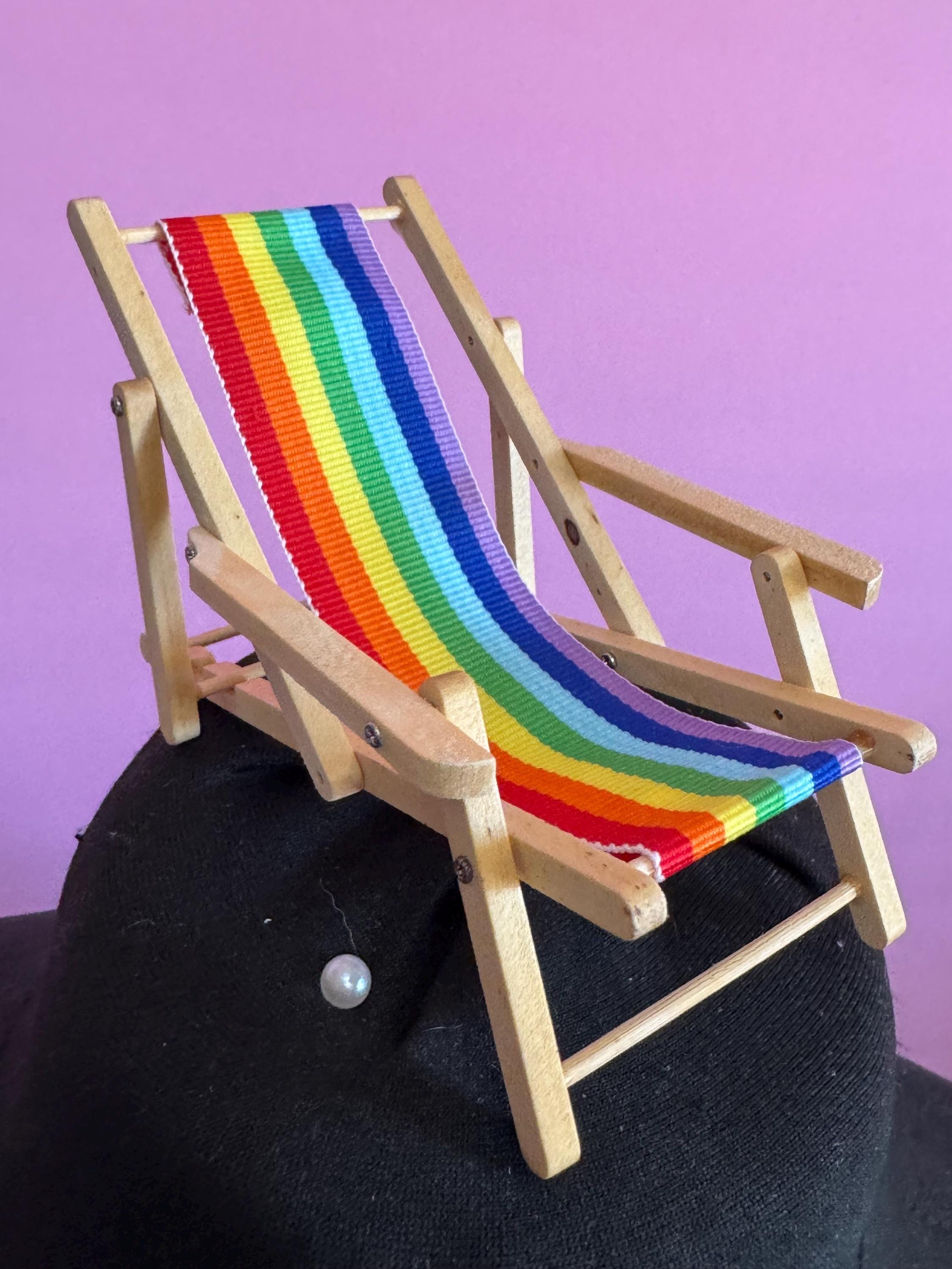 Deck chair cake topper miniature wooden rainbow striped multicoloured folding seaside cake decoration, nautical mini dollhouse scenery