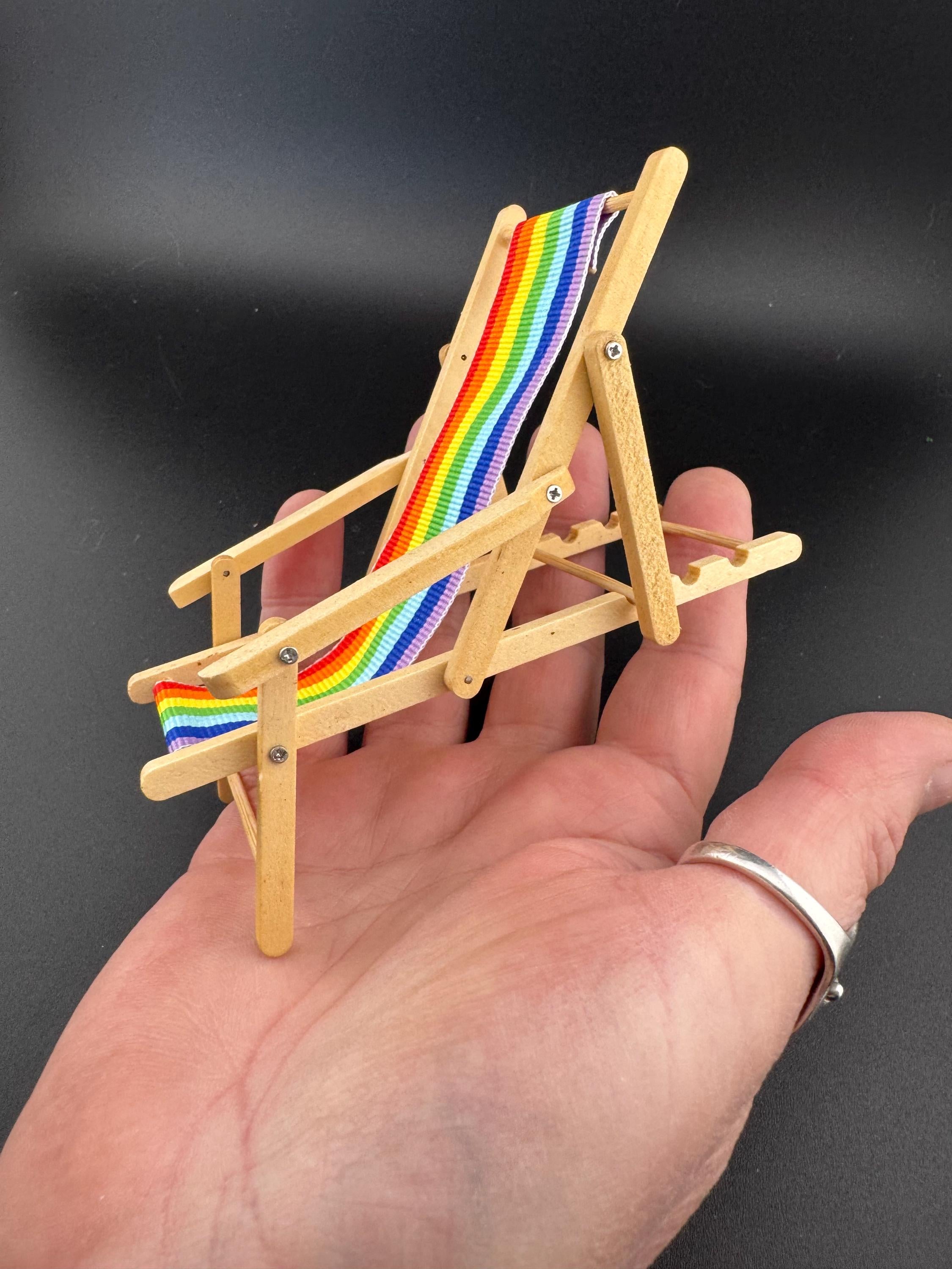 Deck chair cake topper miniature wooden rainbow striped multicoloured folding seaside cake decoration, nautical mini dollhouse scenery