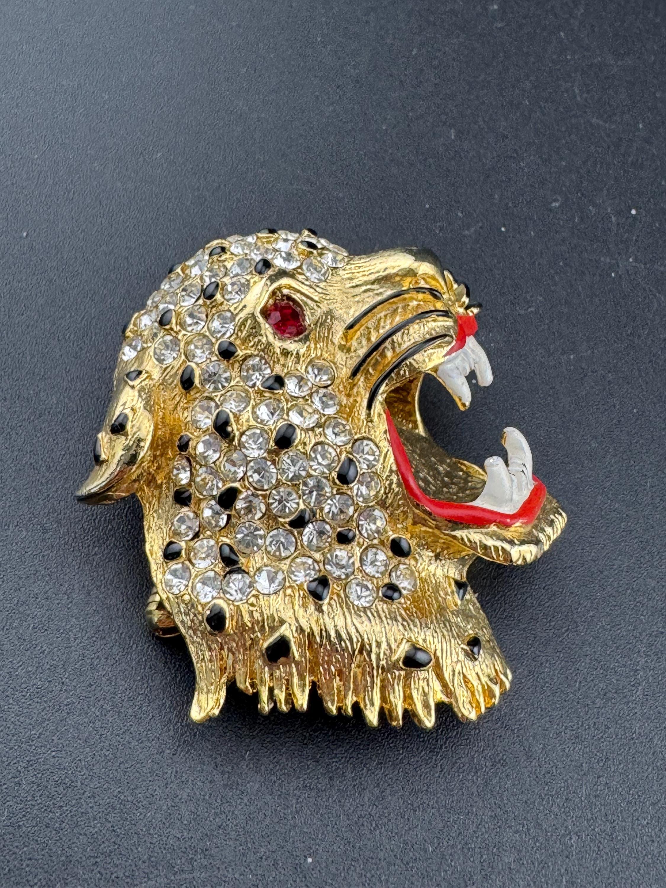 Vintage Black enamel and White clear rhinestone diamanté Big Cat roaring leopard brooch, gold tone