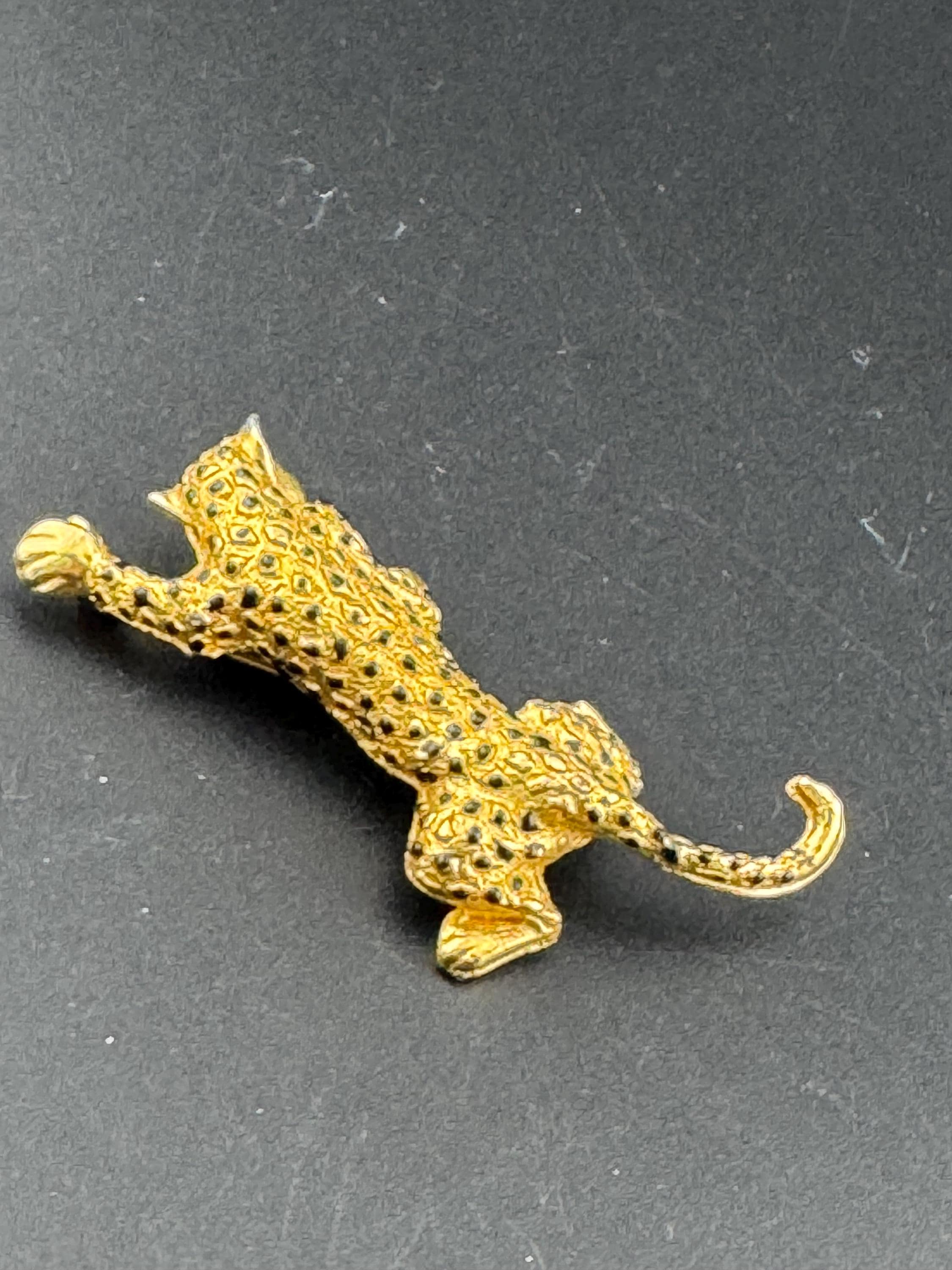 Black enamel Big Cat spotty leopard brooch, gold tone, vintage