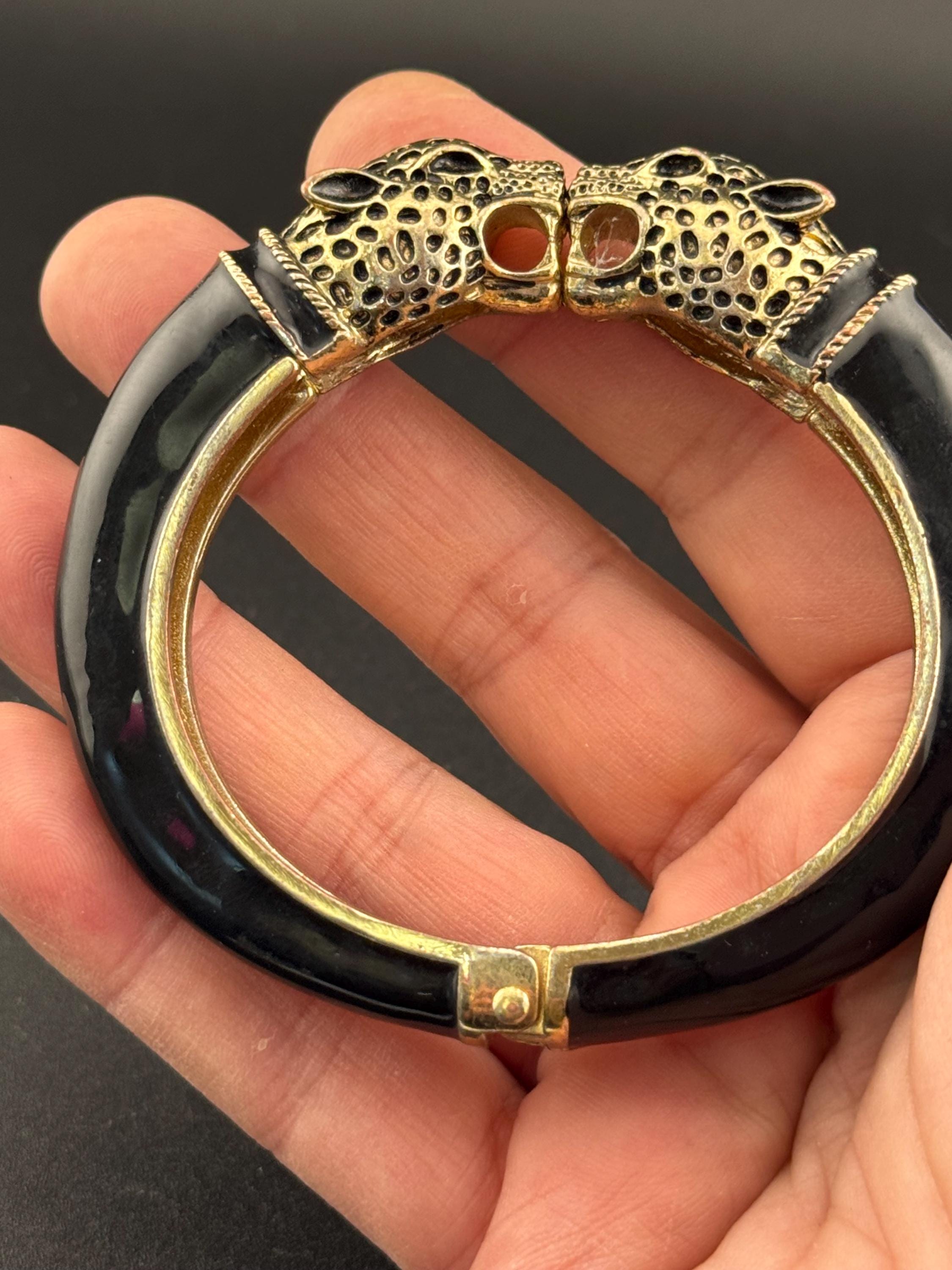 Vintage black enamel BIG CAT detailed gold tone clamper bangle bracelet tiger panther