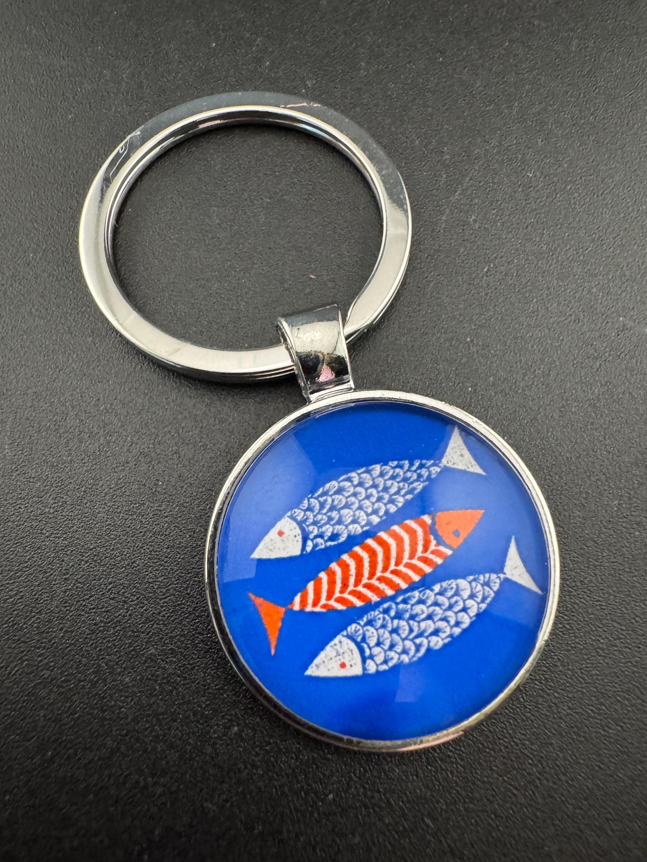 nautical fish silver keyring, blue and orange fishes in a glass cabochon