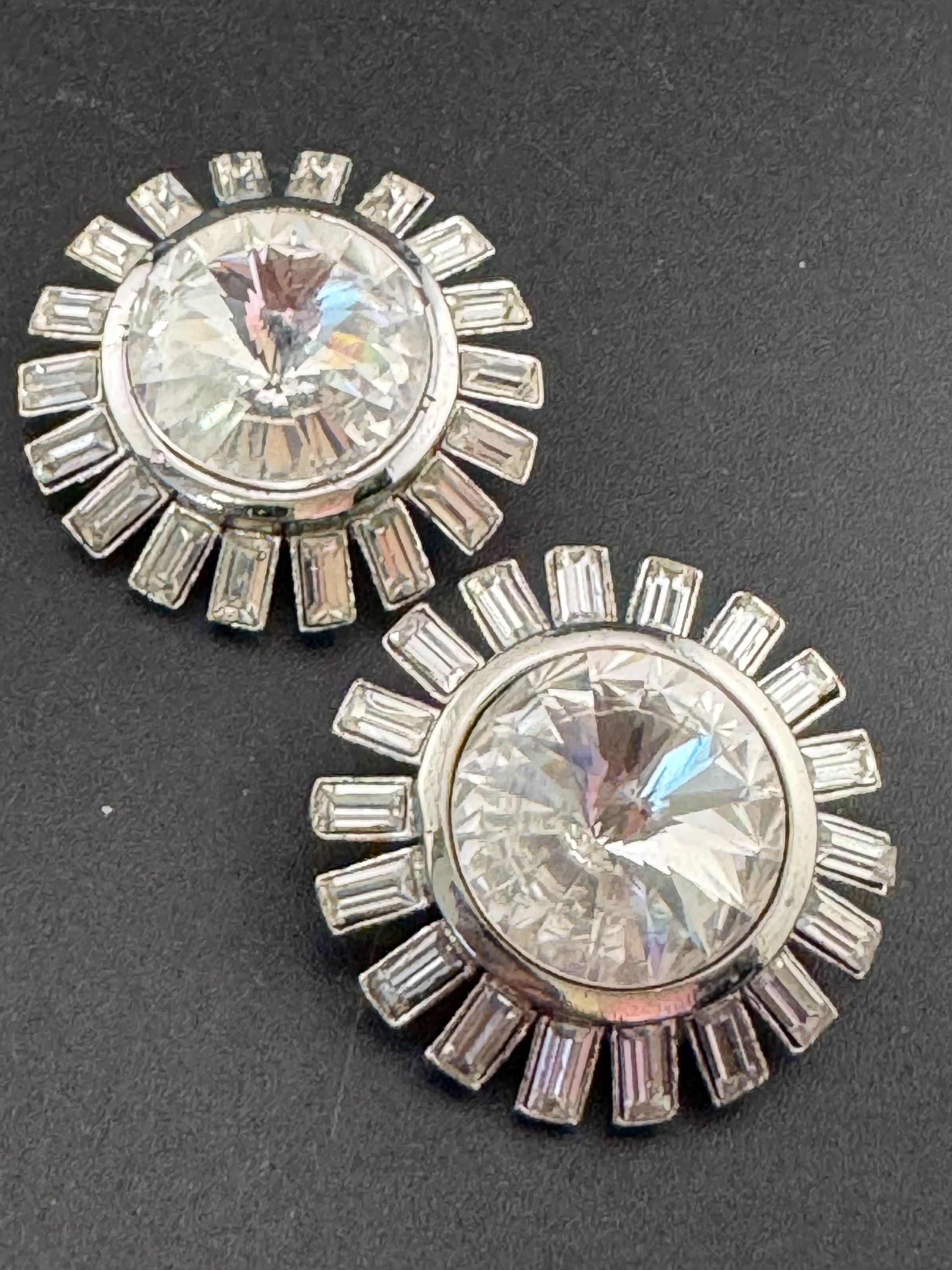 vintage oversized 3cm chunky silver tone clear genuine Swarovski baguette and Rivoli crystal earrings 1980s high end old shop stock