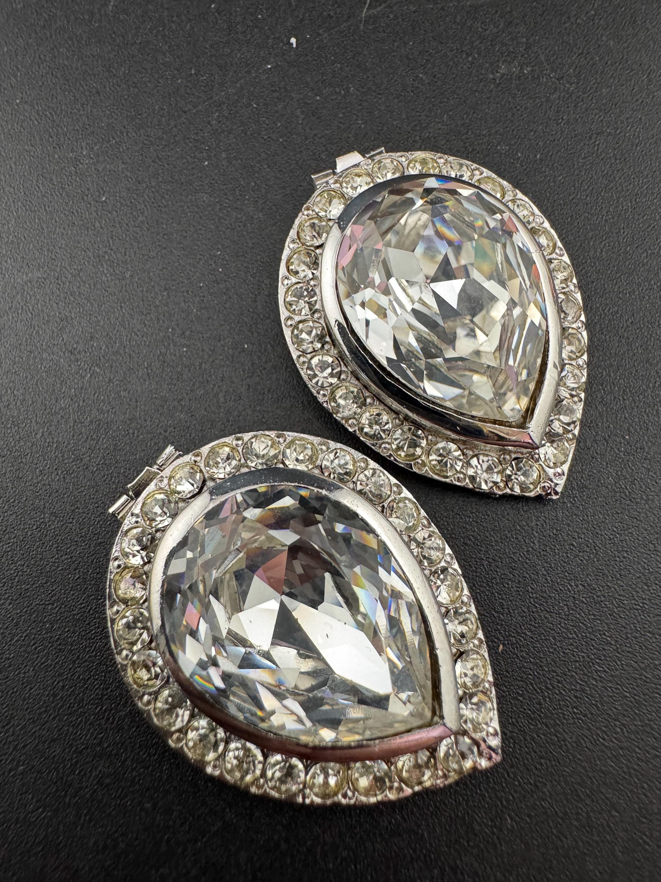 French Bluette Pair of vintage teardrop shoe Clips made with vintage clear Swarovski Crystal, Art Deco Style