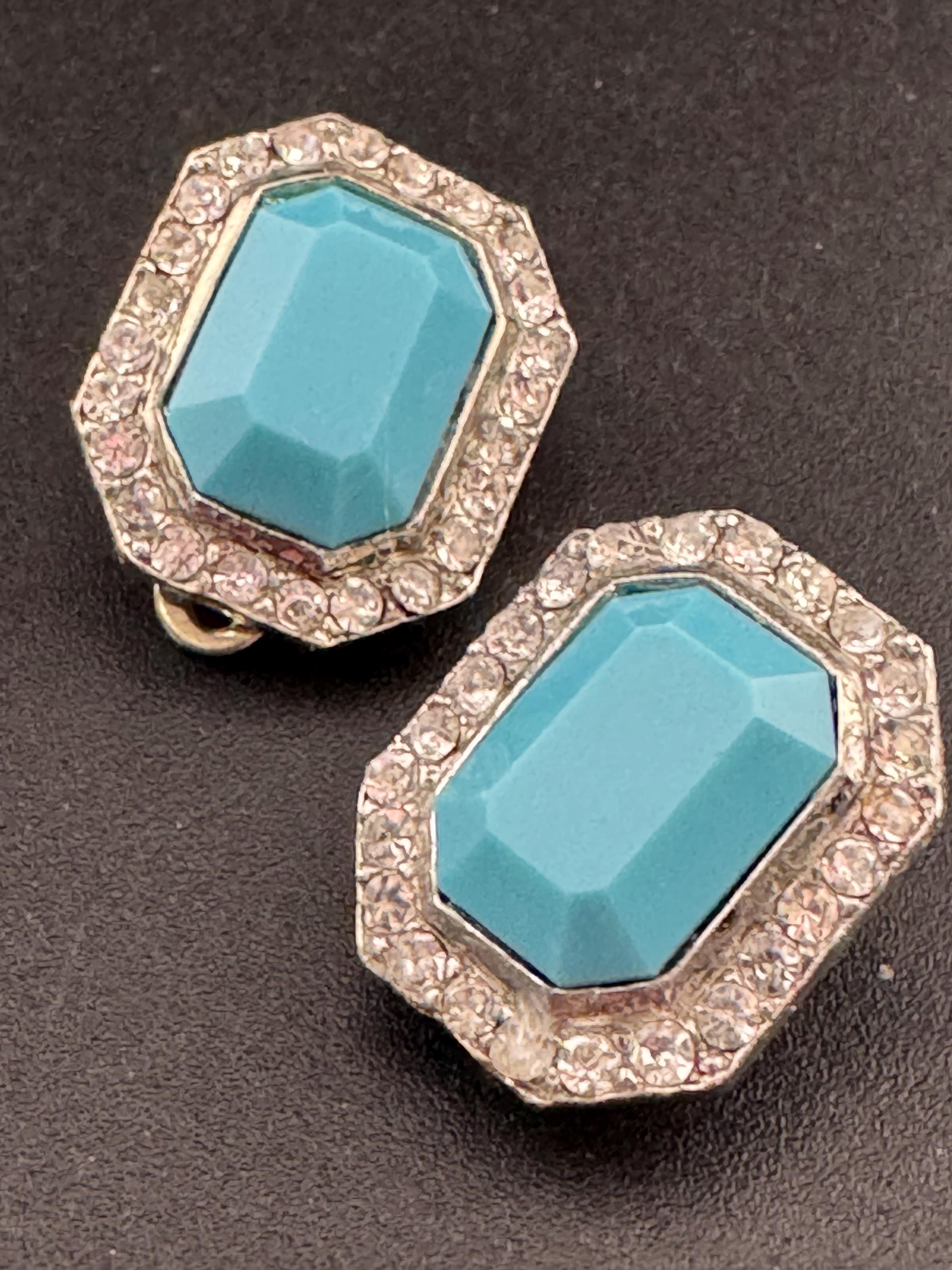 2cm clear and turquoise blue coloured genuine Swarovski crystal octagon clip on earrings 1980s, true vintage old shop stock