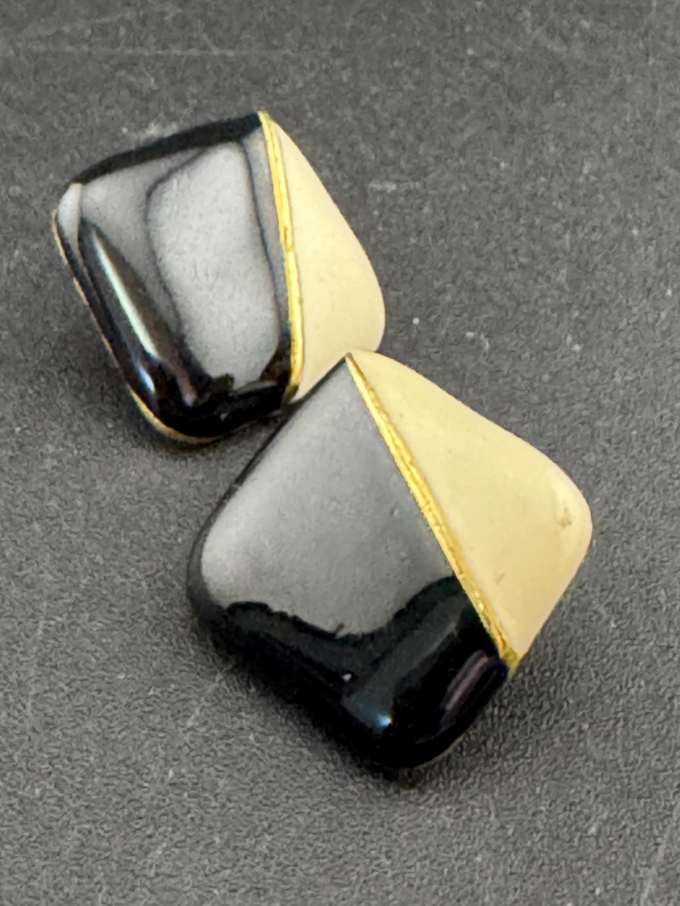 Vintage Gold tone cream and Black enamel pair square shaped stud earrings pierced, statement power dress 80s 90s