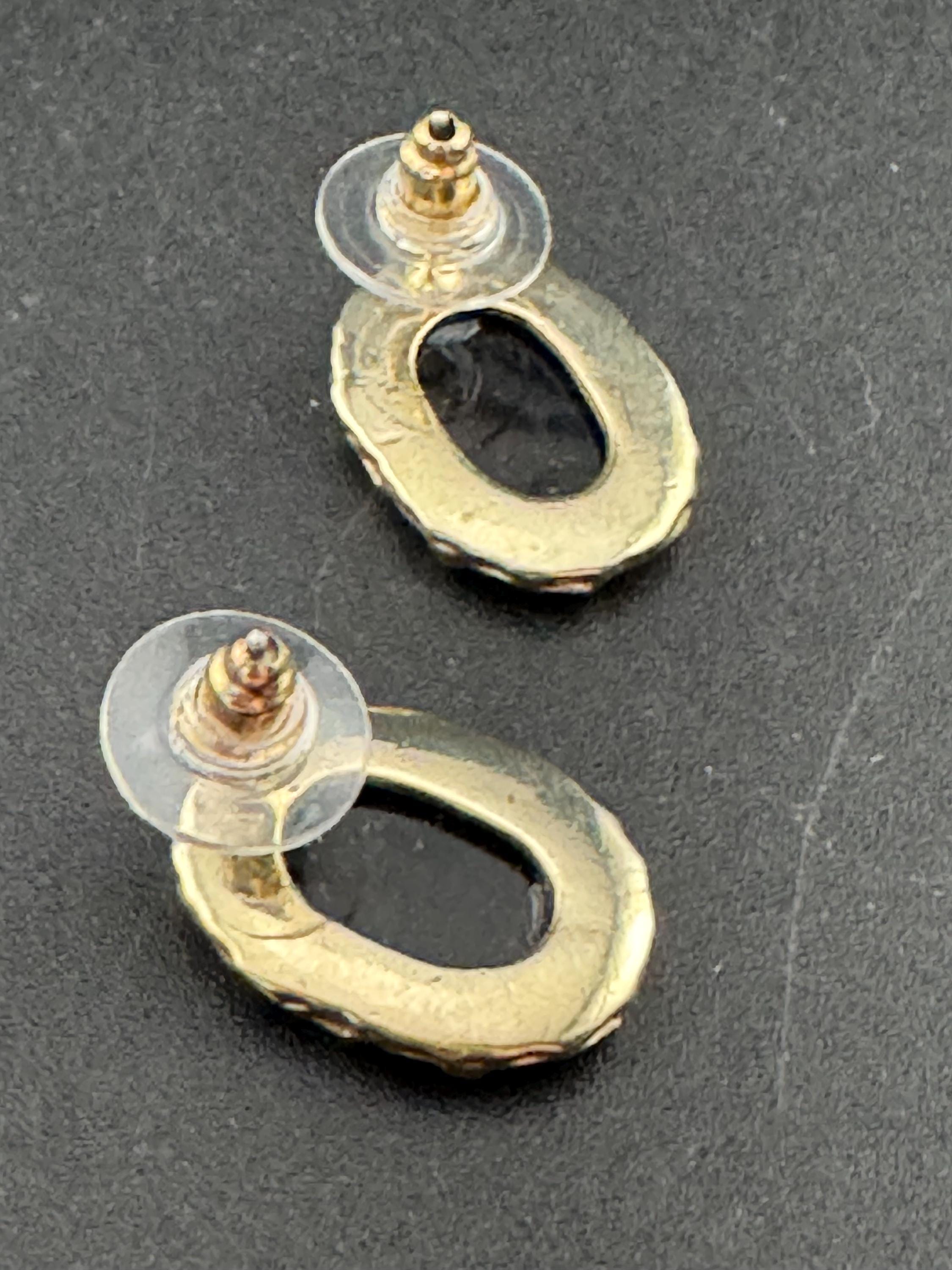 Vintage Gold plated Black enamel pair oval shaped stud earrings pierced, statement power dress y2k
