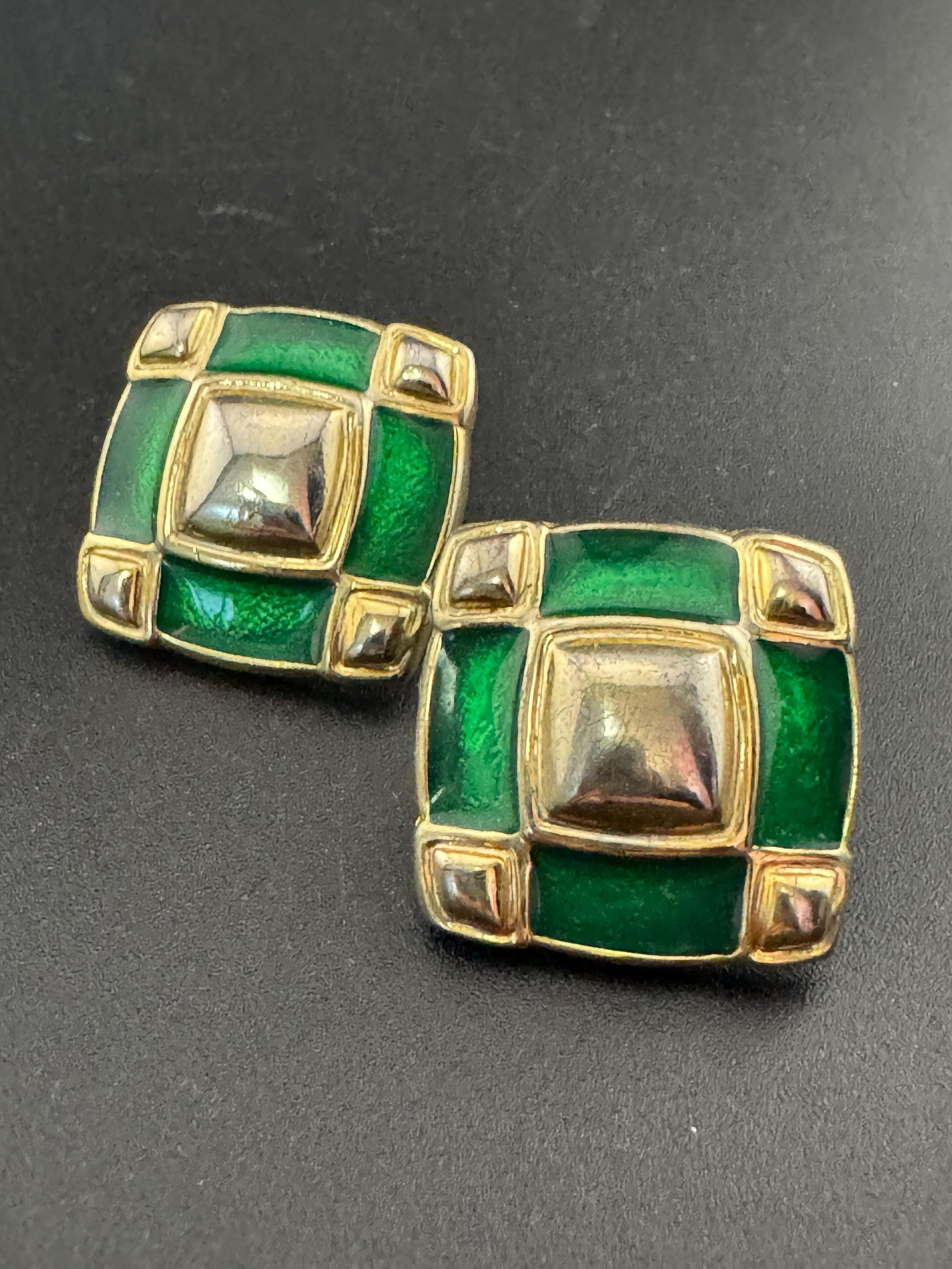 Gold tone green enamel square stud earrings for pierced ears Vintage
