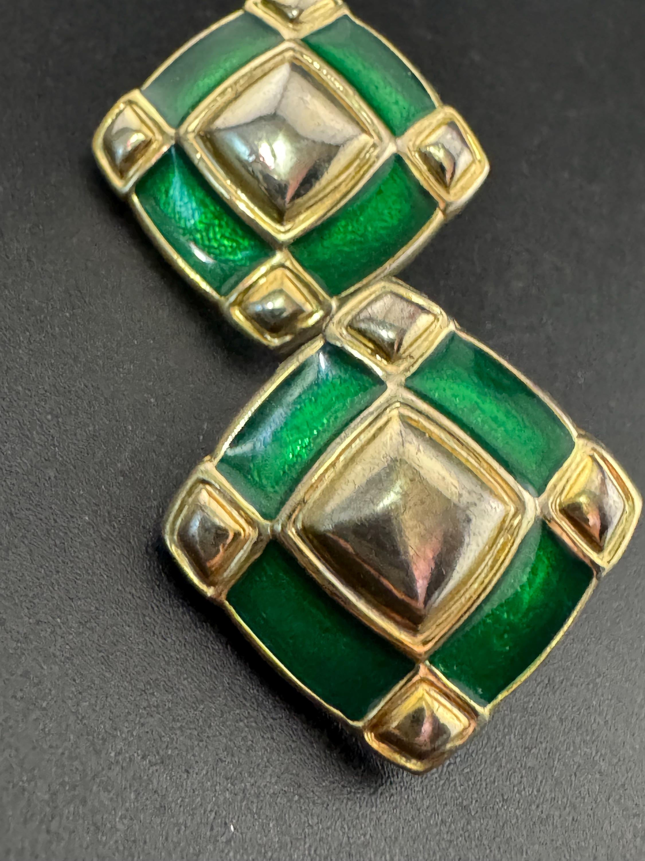 Gold tone green enamel square stud earrings for pierced ears Vintage