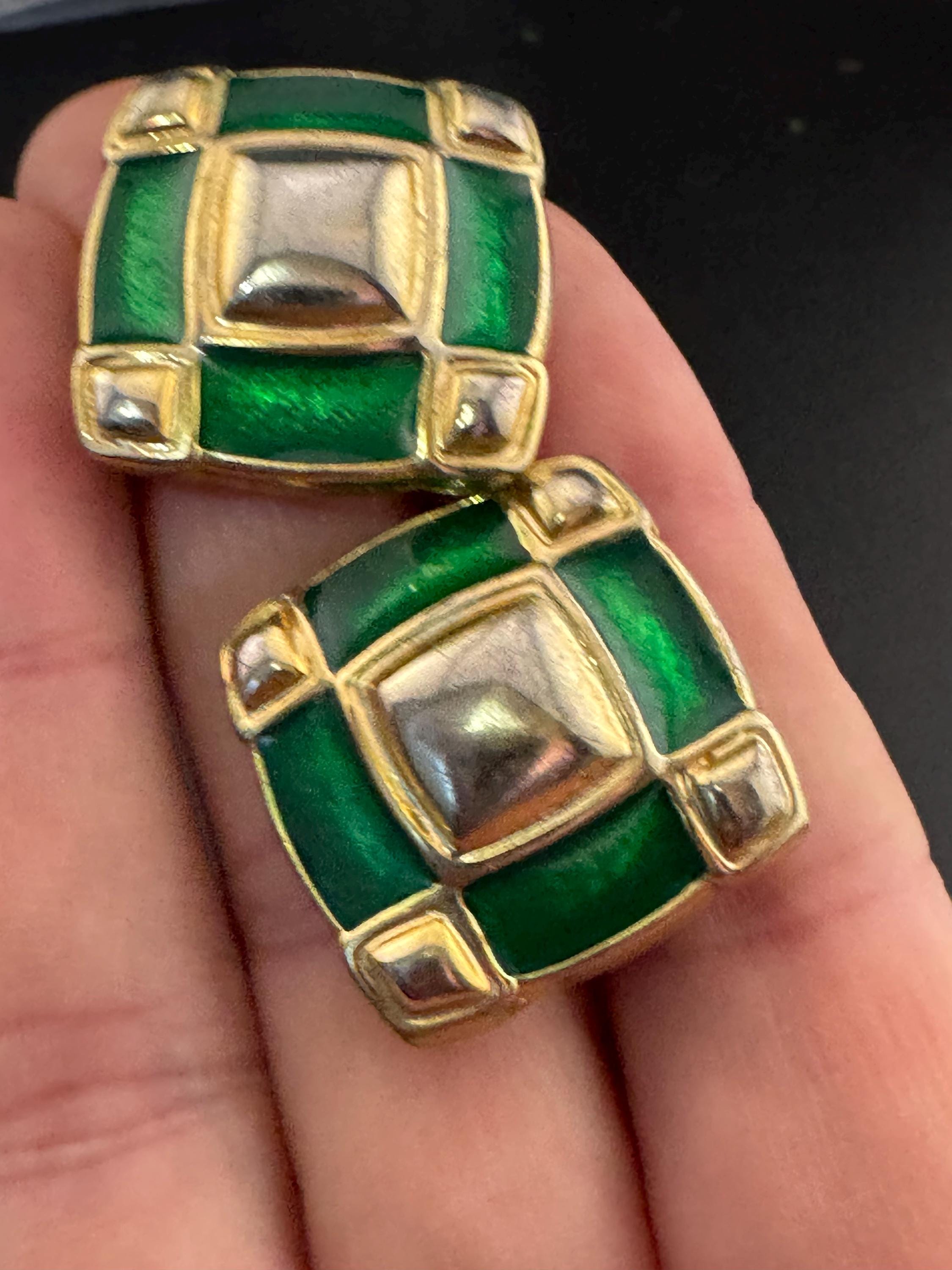 Gold tone green enamel square stud earrings for pierced ears Vintage