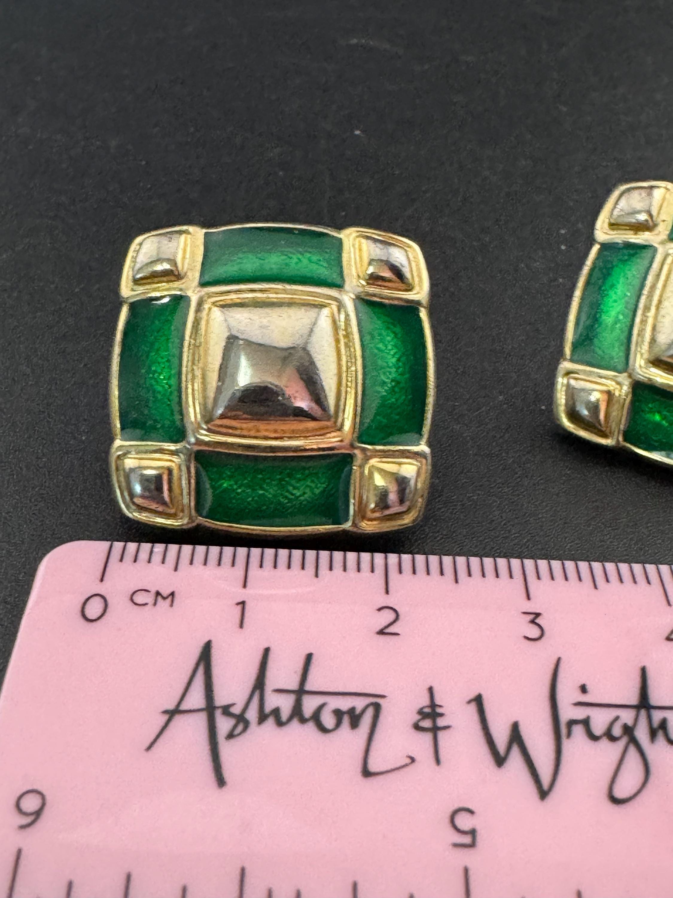 Gold tone green enamel square stud earrings for pierced ears Vintage
