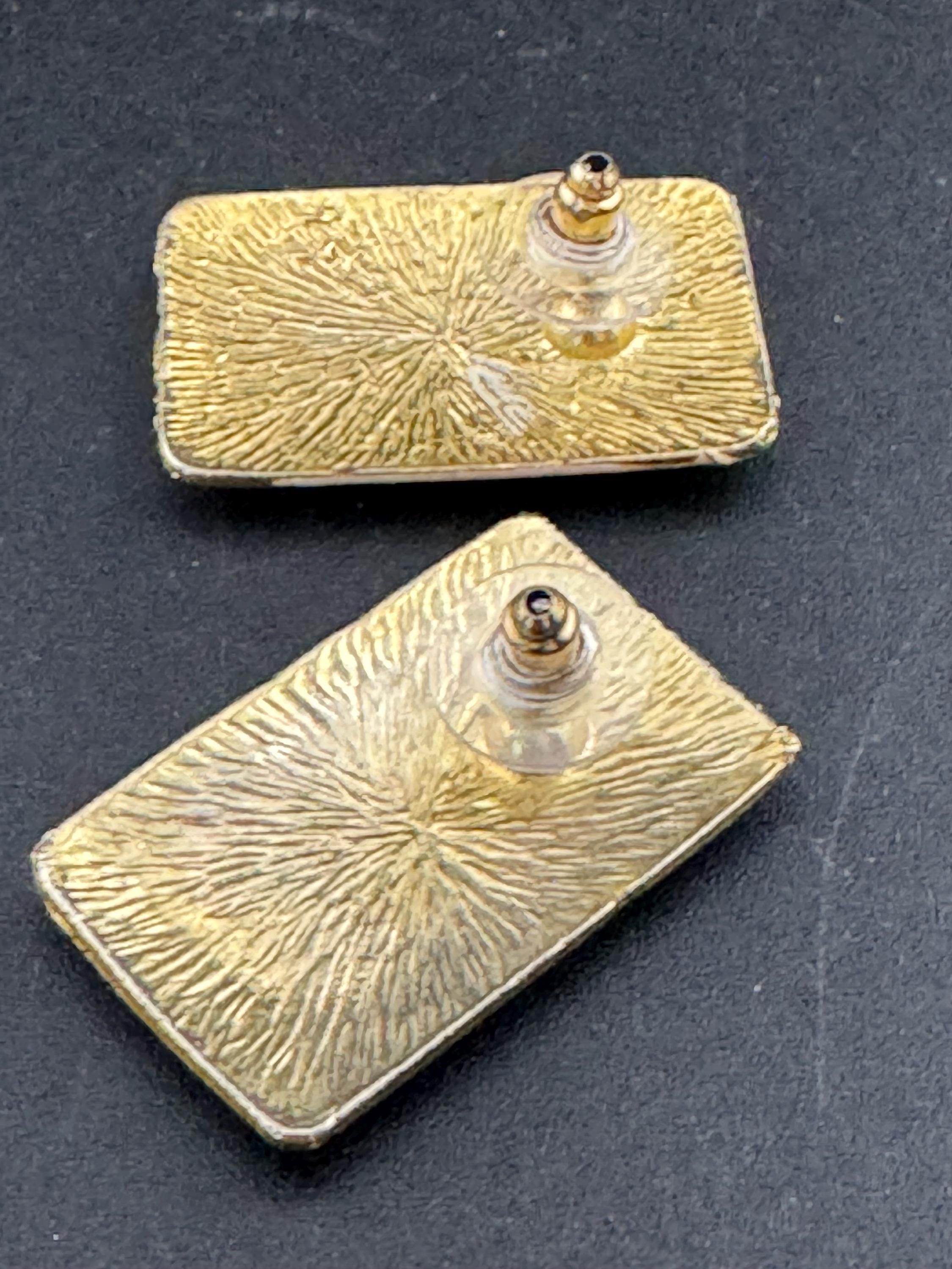nude cream enamel rectangular stud earrings for pierced ears, gold silver tone detailing