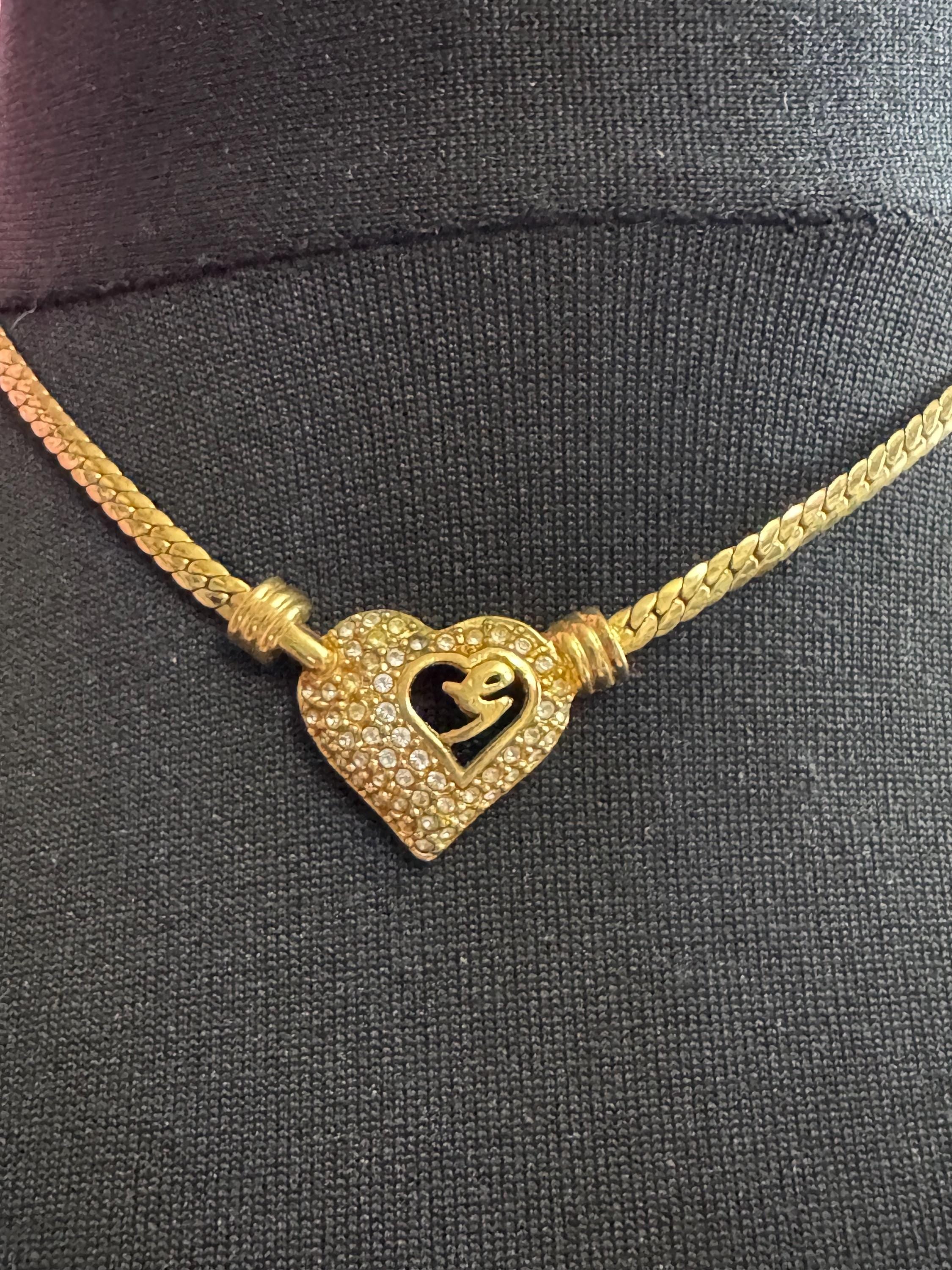 Rhinestone love heart pendant necklace signed Henkel and GROSSE Germany vintage, gold tone