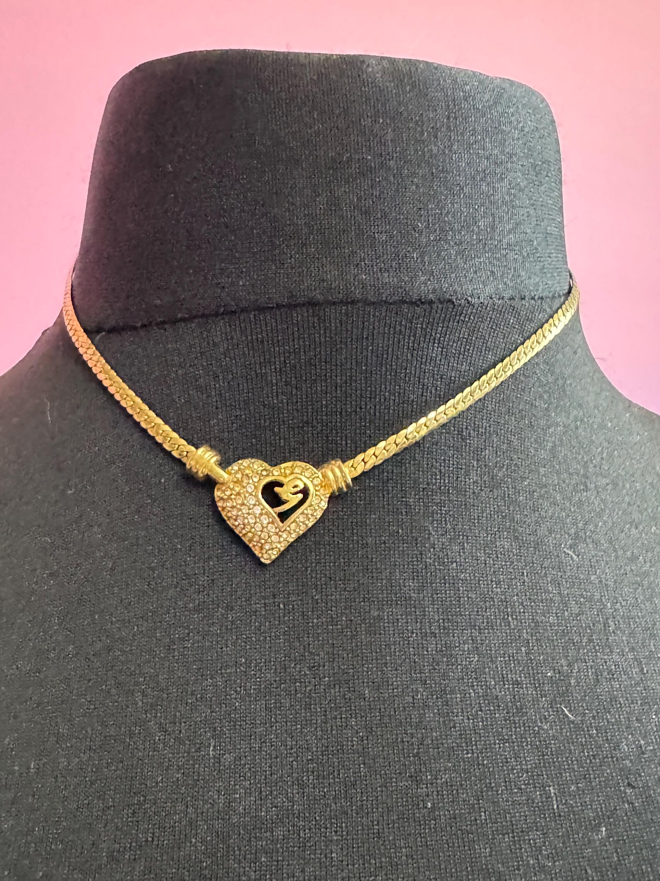 Rhinestone love heart pendant necklace signed Henkel and GROSSE Germany vintage, gold tone