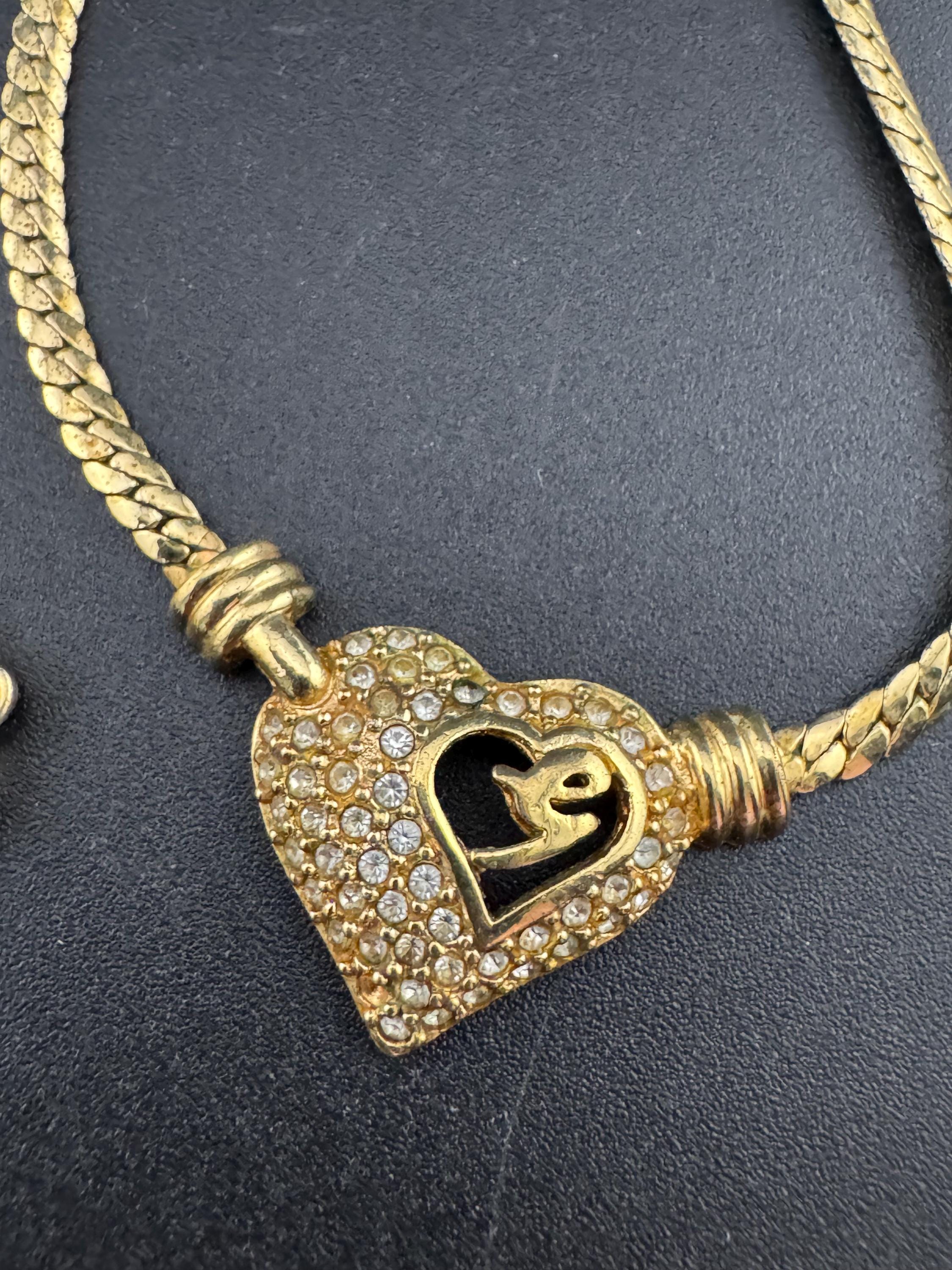 Rhinestone love heart pendant necklace signed Henkel and GROSSE Germany vintage, gold tone