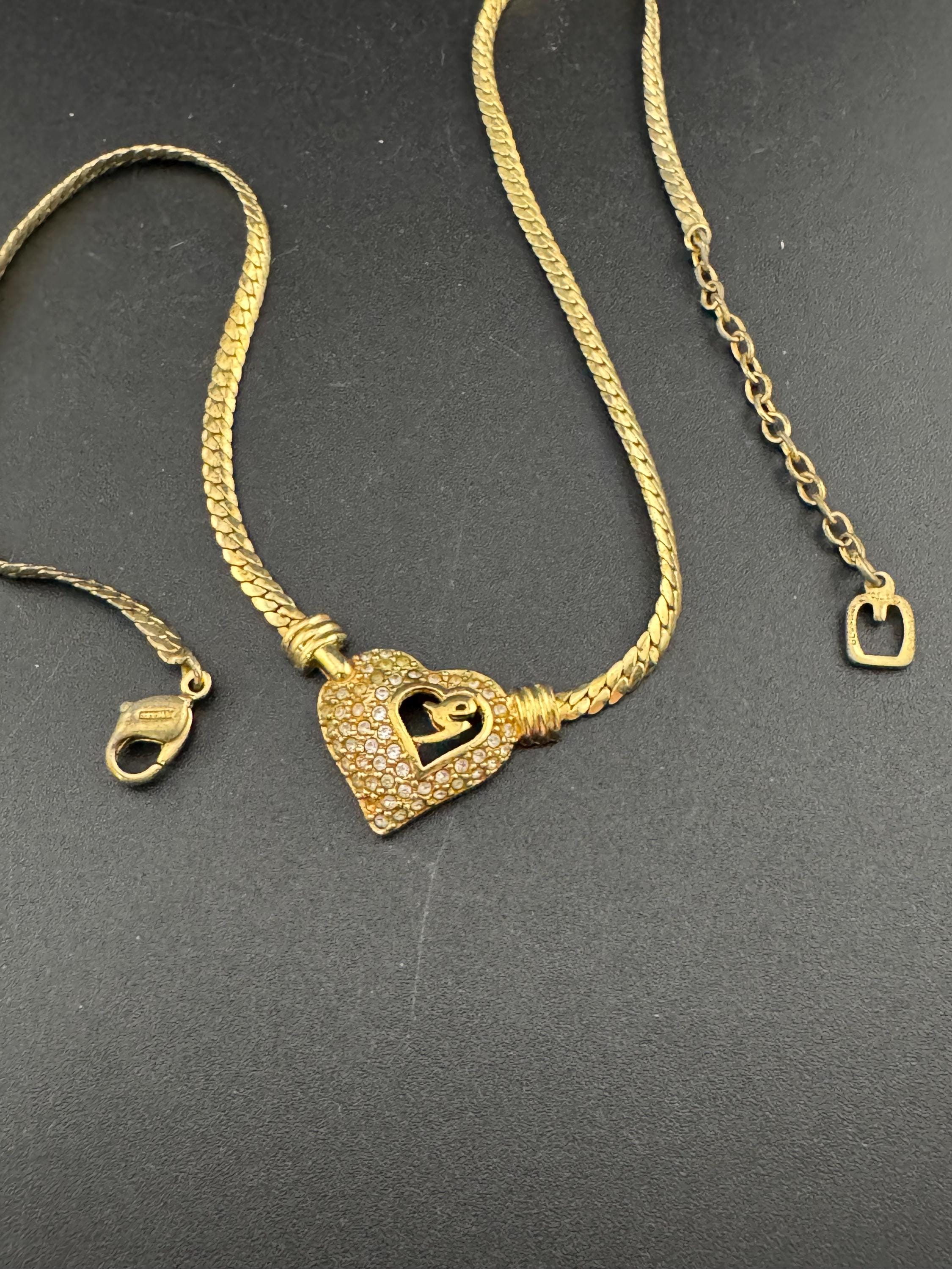 Rhinestone love heart pendant necklace signed Henkel and GROSSE Germany vintage, gold tone