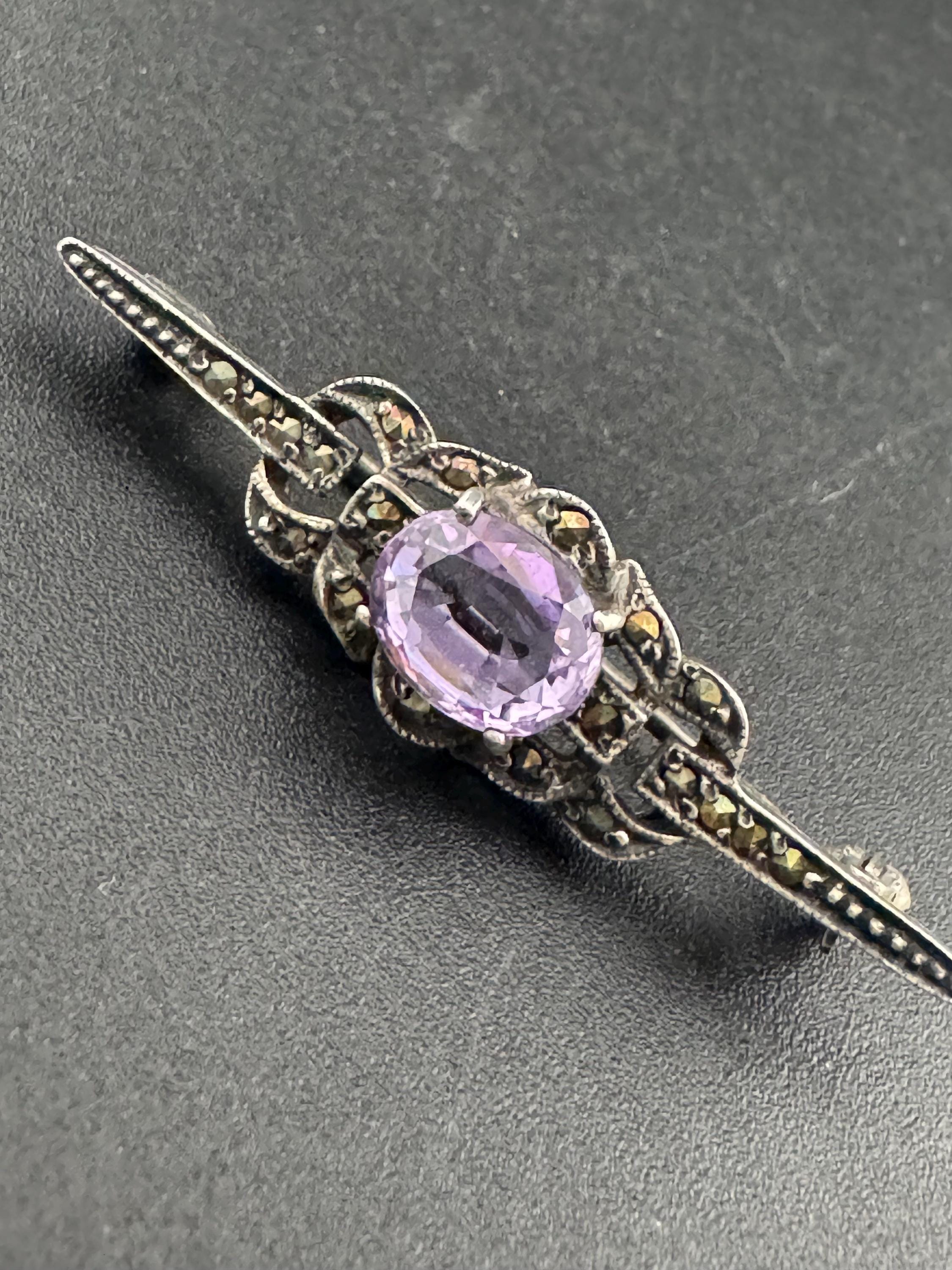 Vintage 925 silver marcasite bar brooch amethyst purple pin edwardian 1920s 1930s style