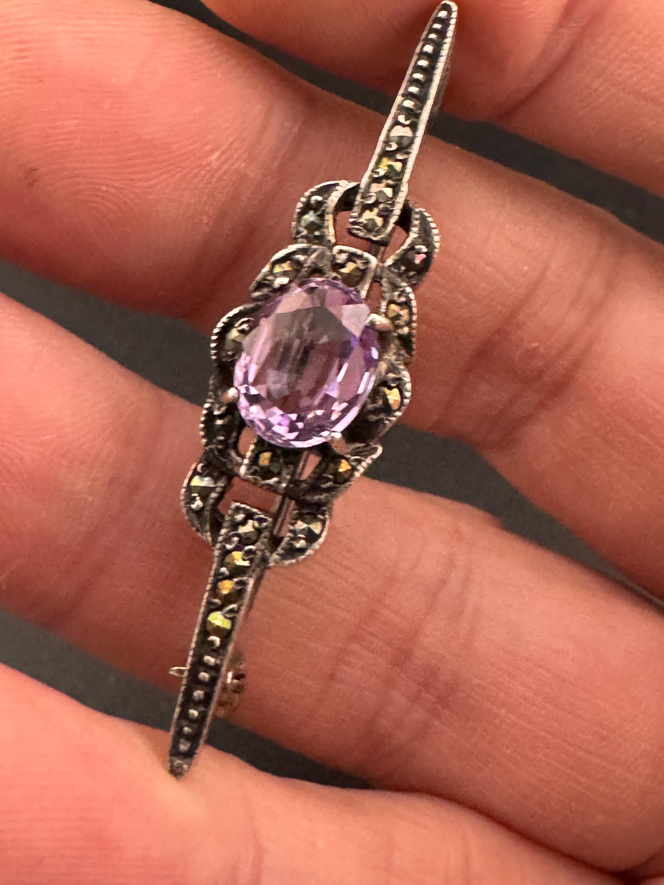 Vintage 925 silver marcasite bar brooch amethyst purple pin edwardian 1920s 1930s style